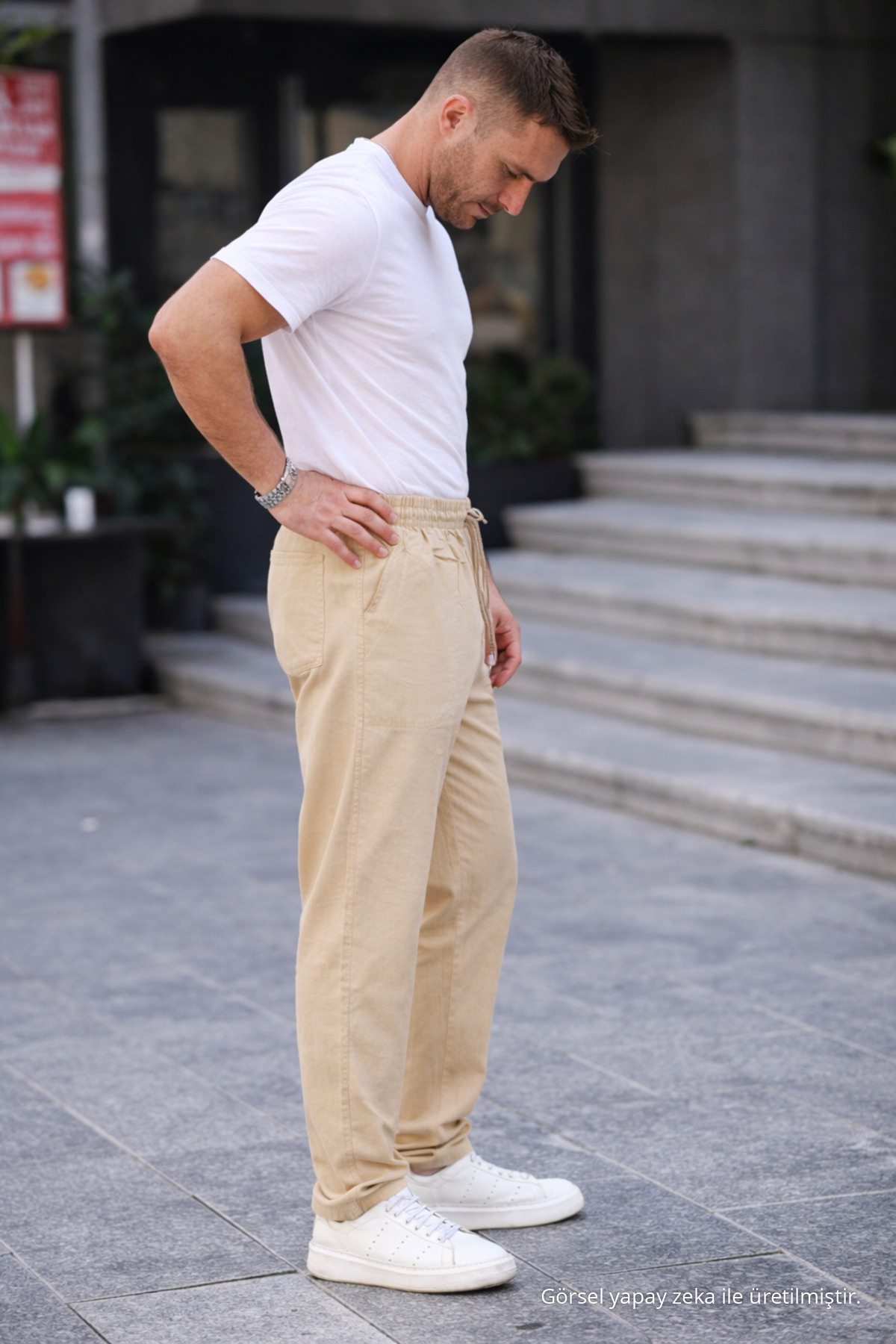 Krem Renk Erkek Yazlık Keten Karışımı Relaxed Pantolon 3
