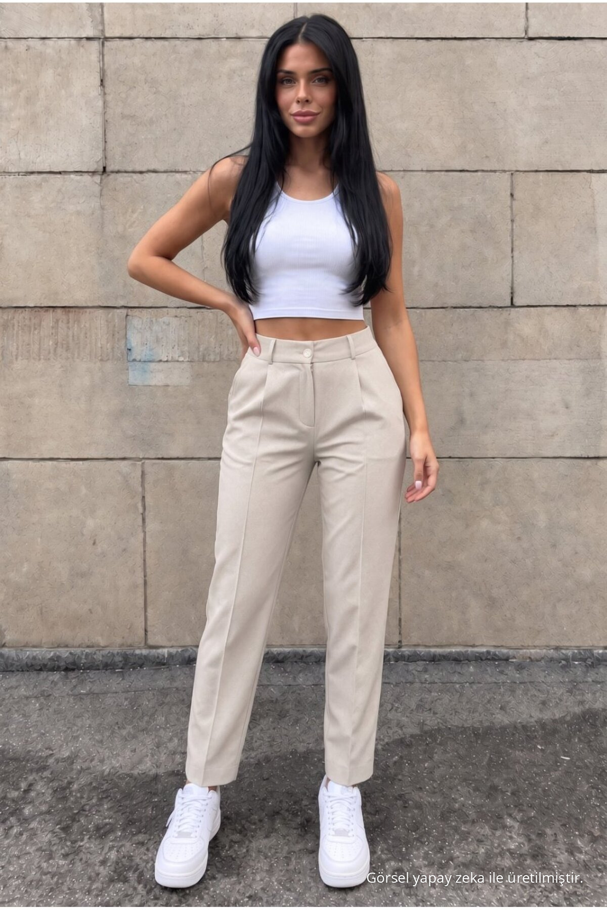Yüksek Bel Havuç Model Beli Lastikli Dar Paça Pantolon BEJ 3