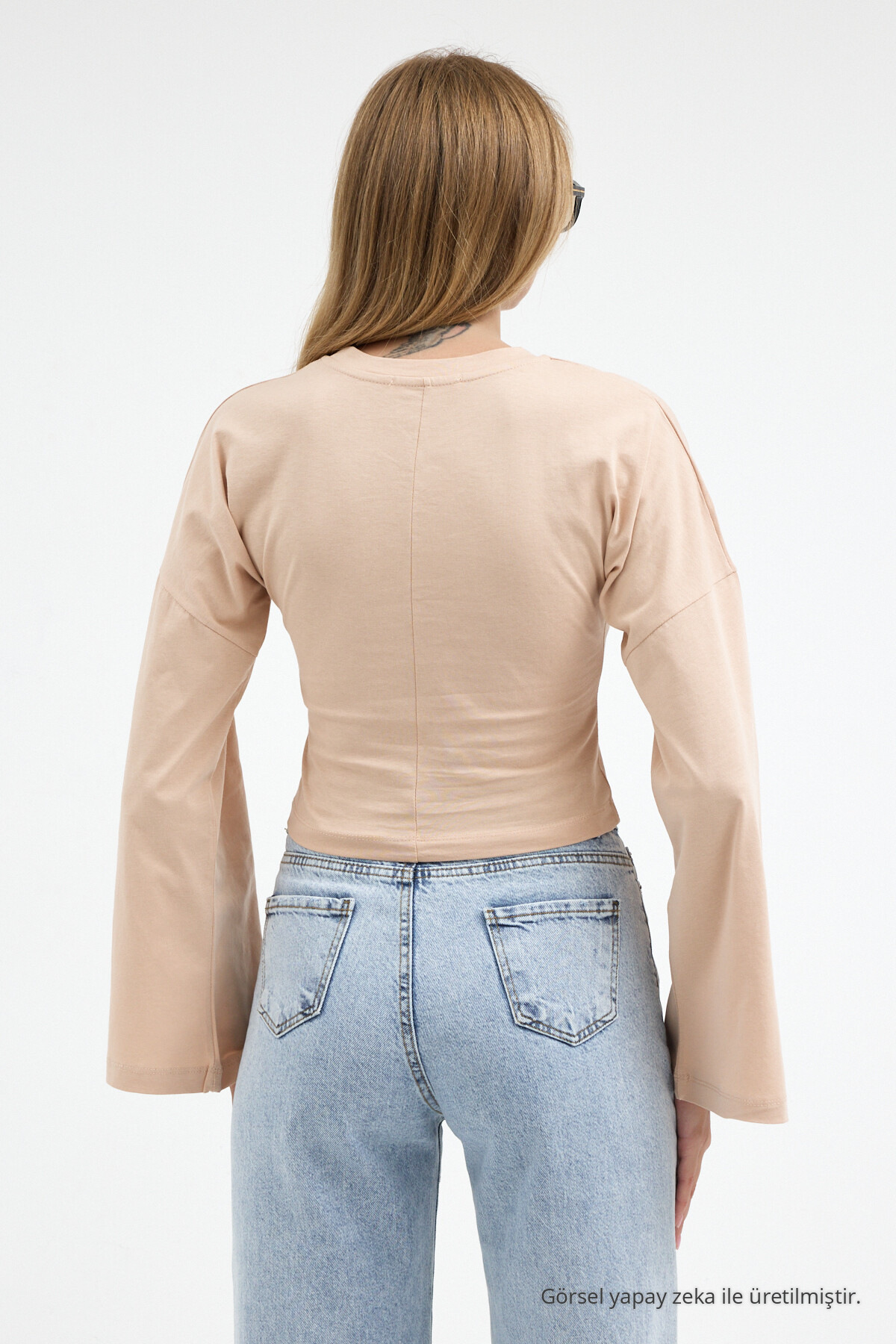 Kadın Basic Geniş Kol Bej Crop Bluz 4