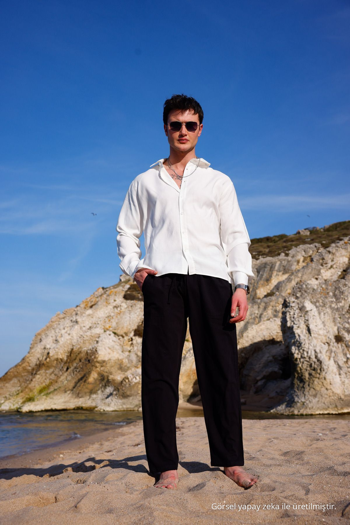 RELAXED FIT PAMUKLU KETEN PANTOLON SİYAH 4