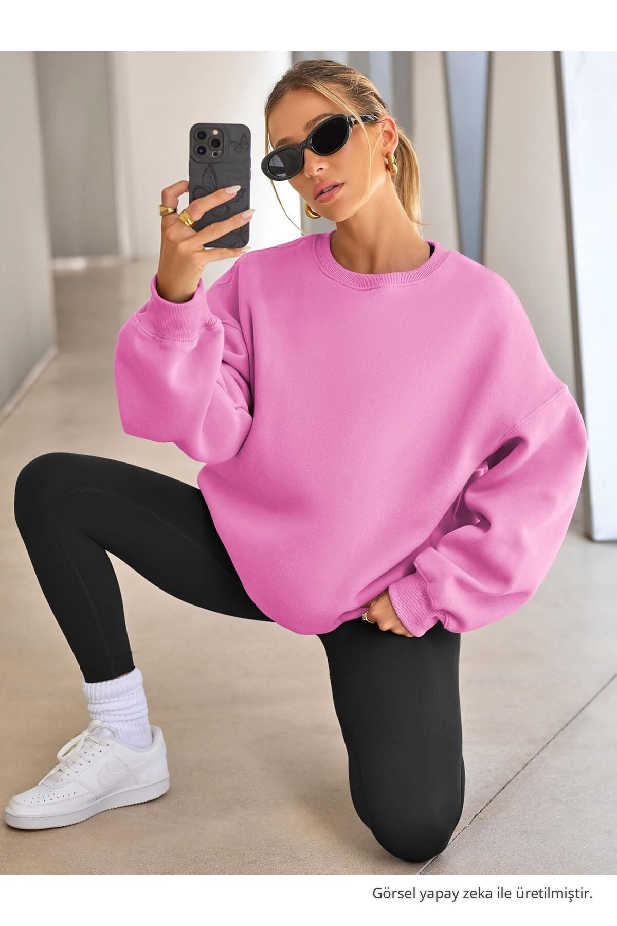 Kadın Bisiklet Yaka Basic Oversize Sweatshirt ŞEKER PEMBE 6
