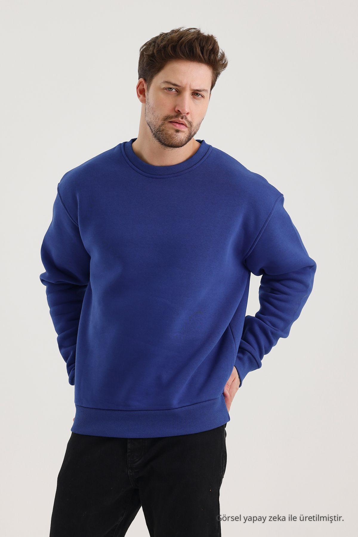 Saks Bisiklet Yaka Oversize Şardonlu Basic Erkek Sweatshirt MAVİ 4