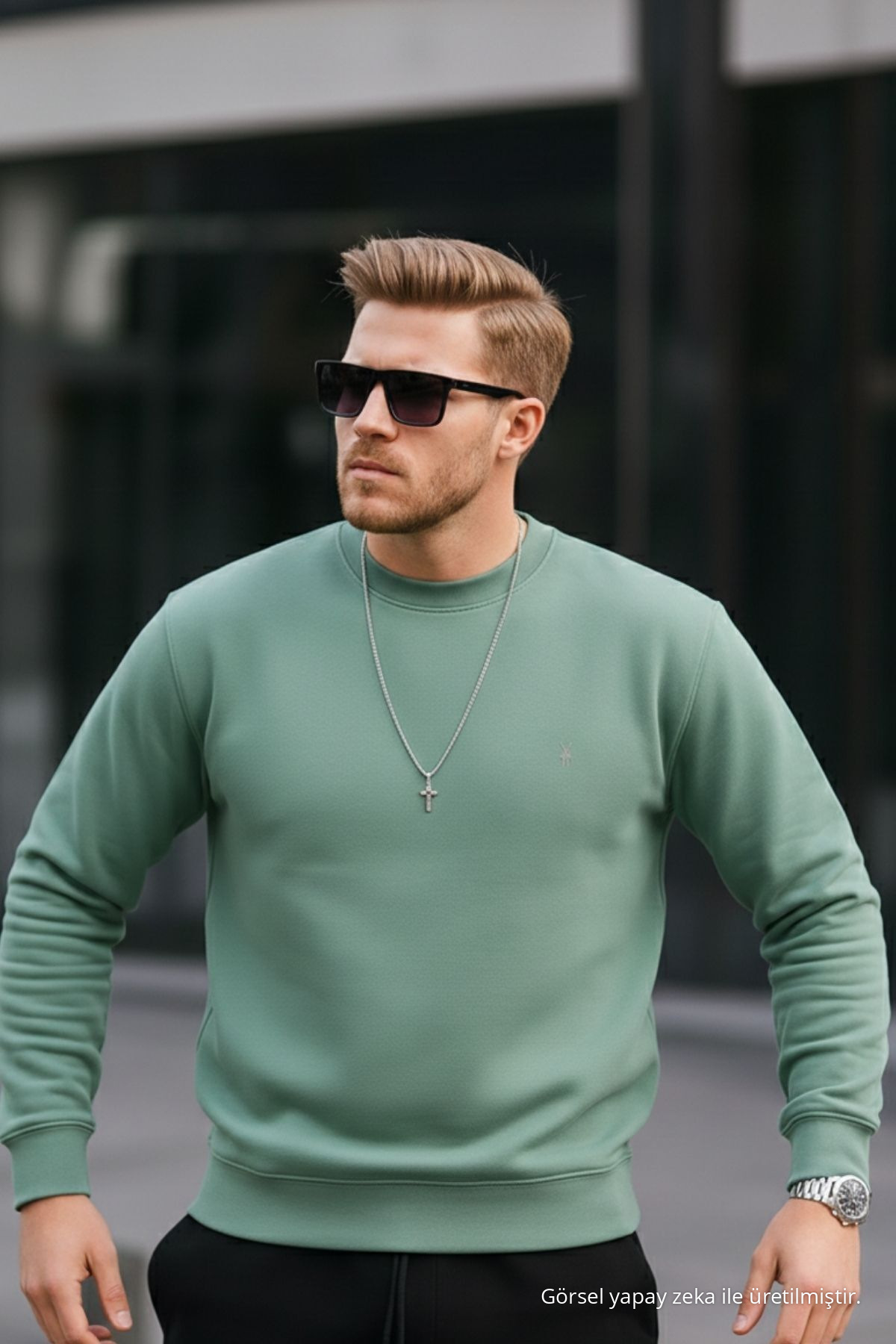 Çağla Renk Basic Bisiklet Yaka Relaxed Regular Erkek Sweatshirt 4