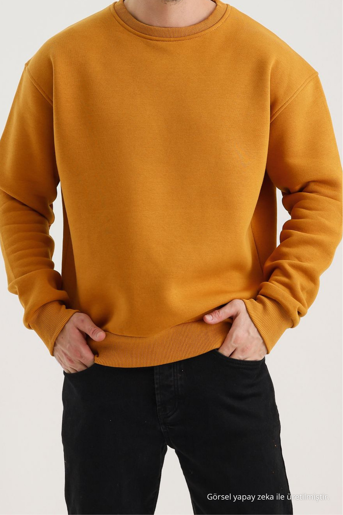 Erkek Bisiklet Yaka Salaş Hardal Sweatshirt 5