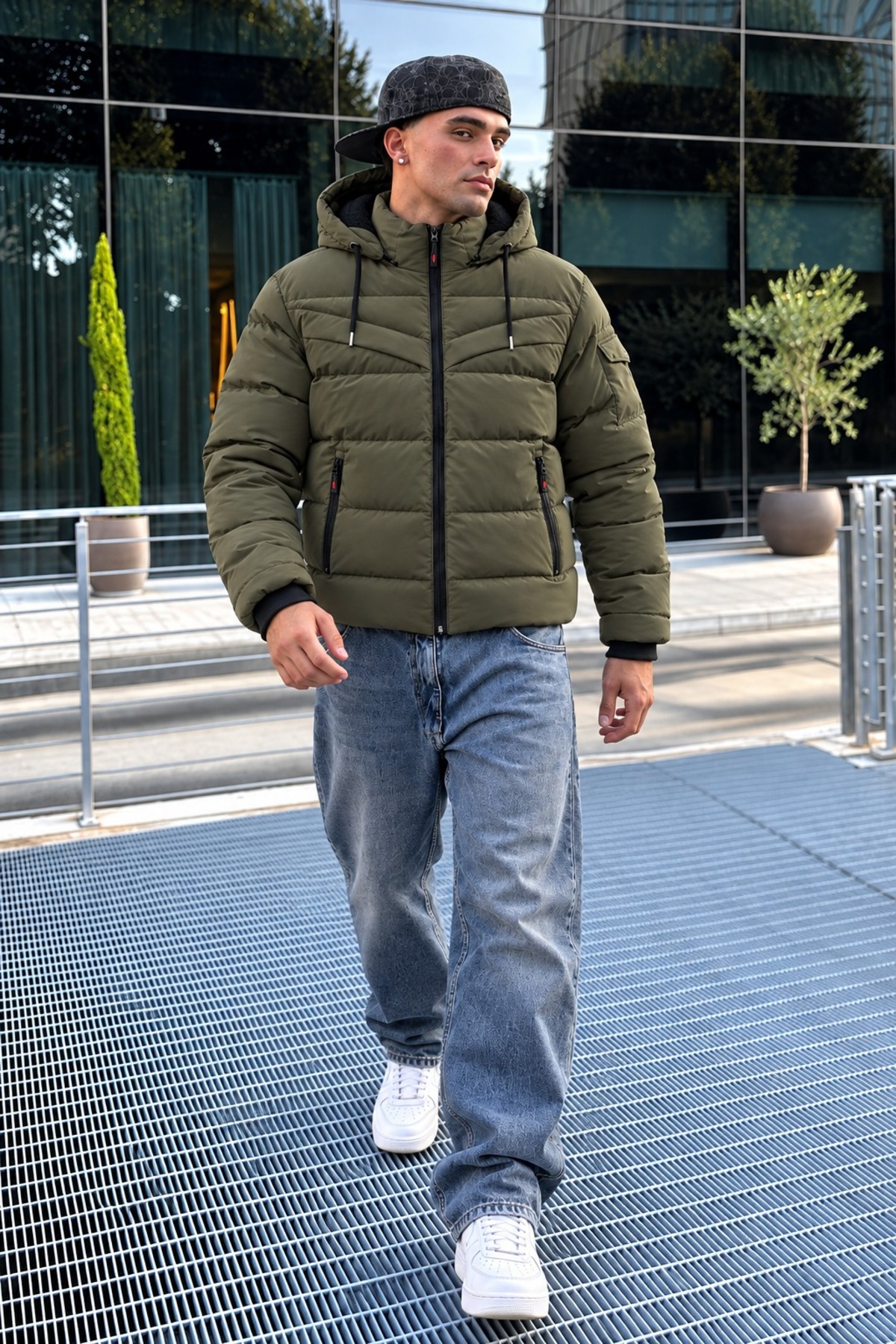 Erkek Cepli Kalın Kapüşonlu Kışlık Haki Mont 3