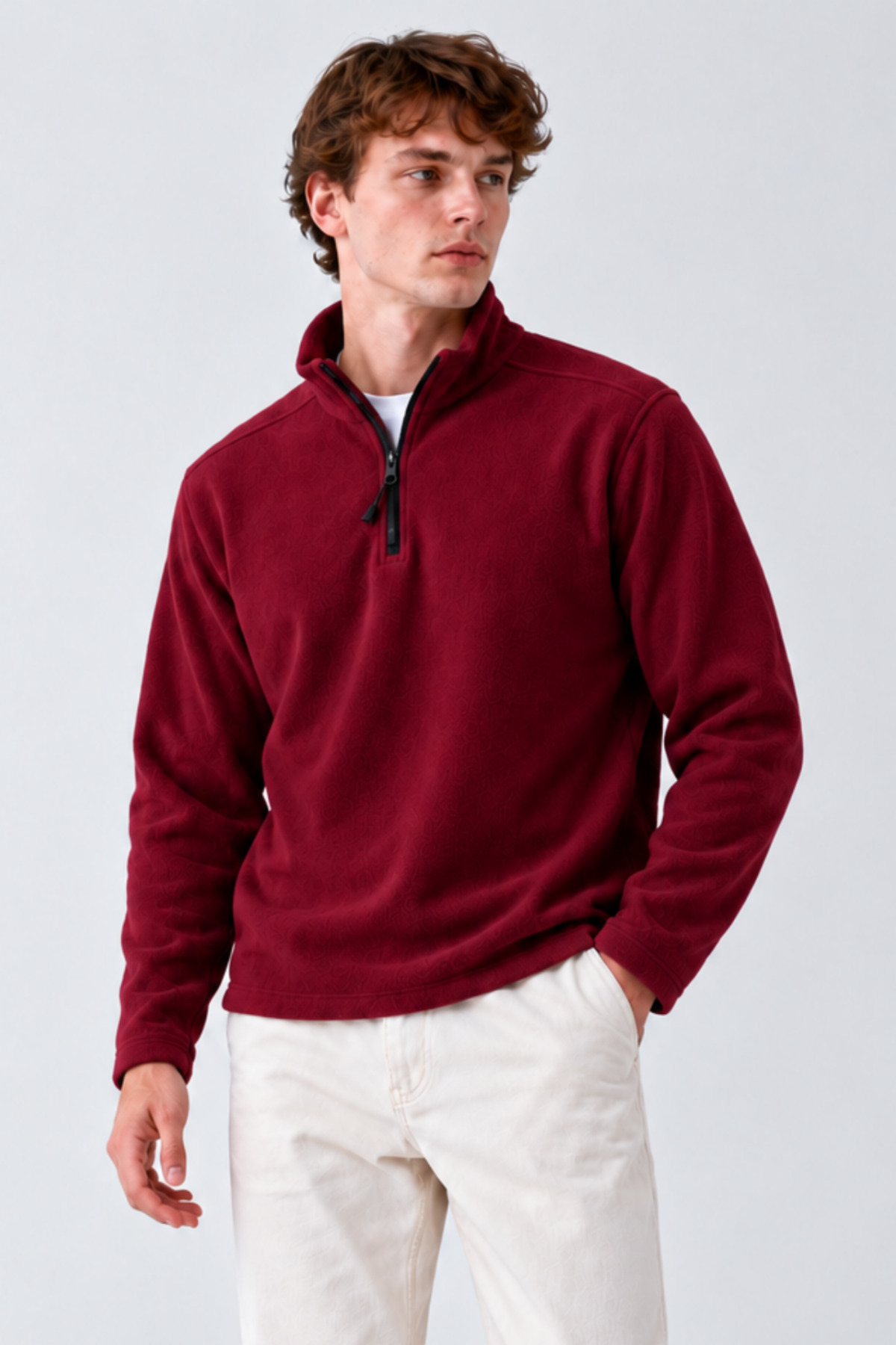 Erkek Bordo Yarım Fermuarlı Rahat Polar 6