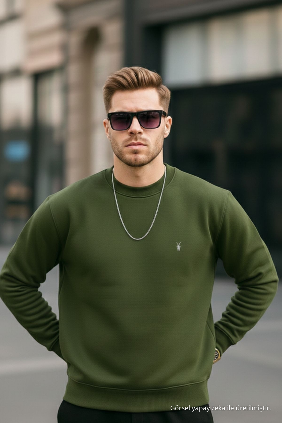 HAKİ Renk Basic Bisiklet Yaka Relaxed Regular Erkek Sweatshirt 4
