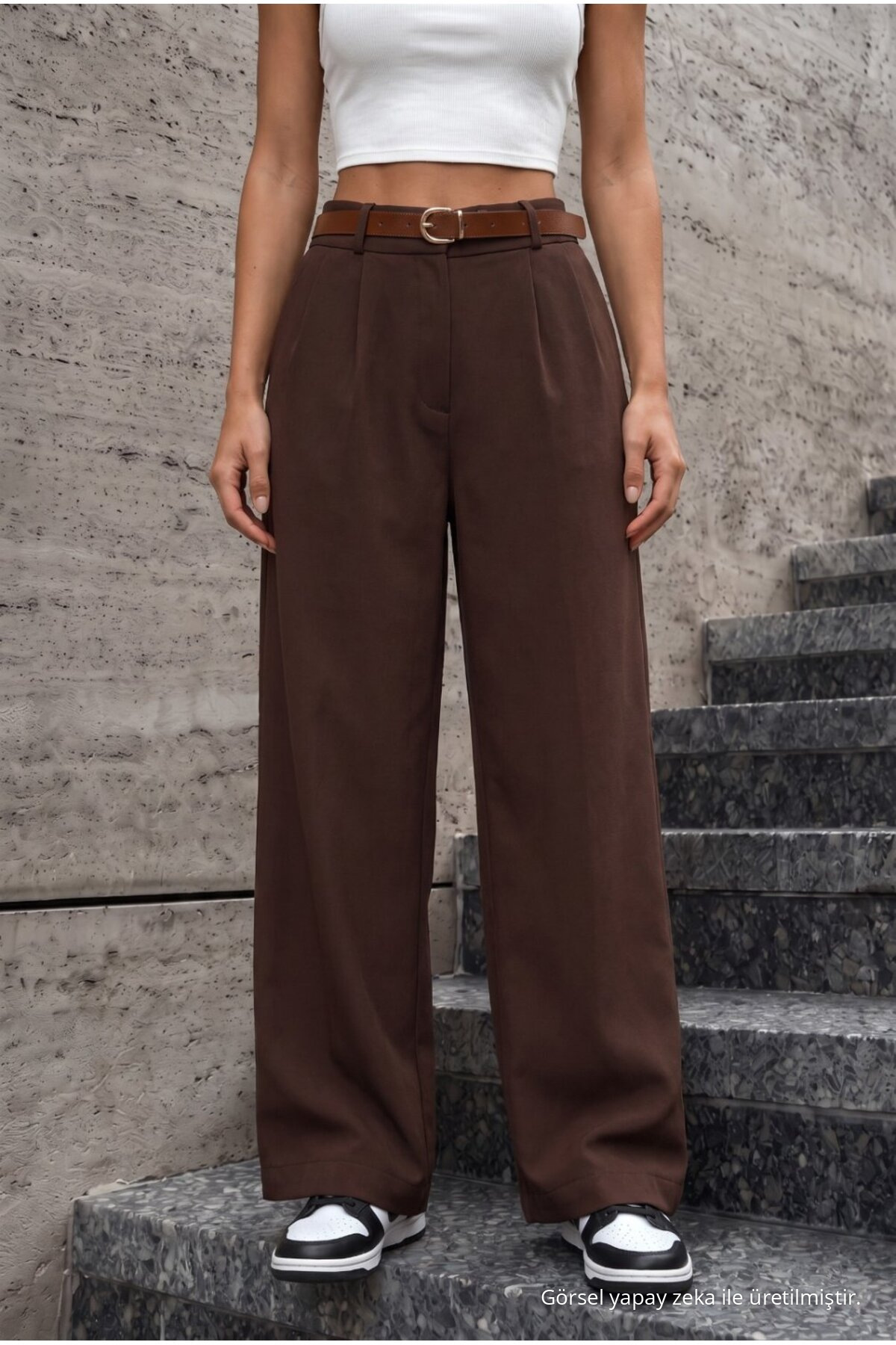 Kadın Kemerli Oversize Salaş Beli Lastikli Palazzo Pantolon KAHVE 6
