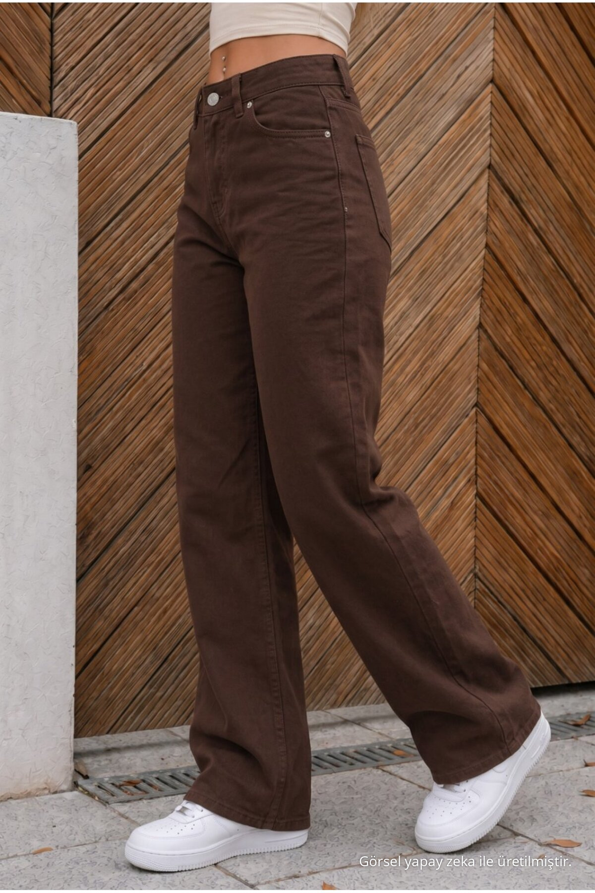 Yüksek Bel Wide Leg Salaş Esnek Palazzo Jean Kahverengi 6