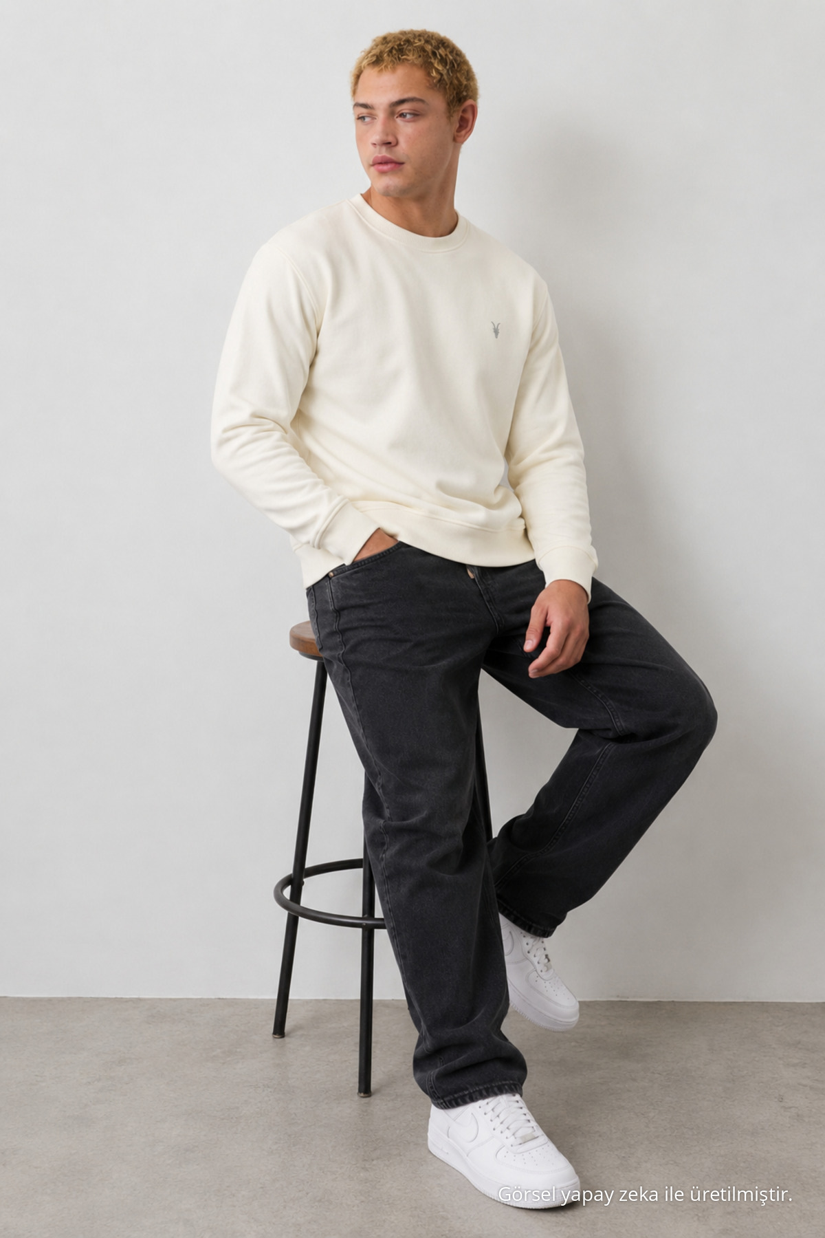 Ekru Oversize Pamuklu Erkek Sweatshirt 6