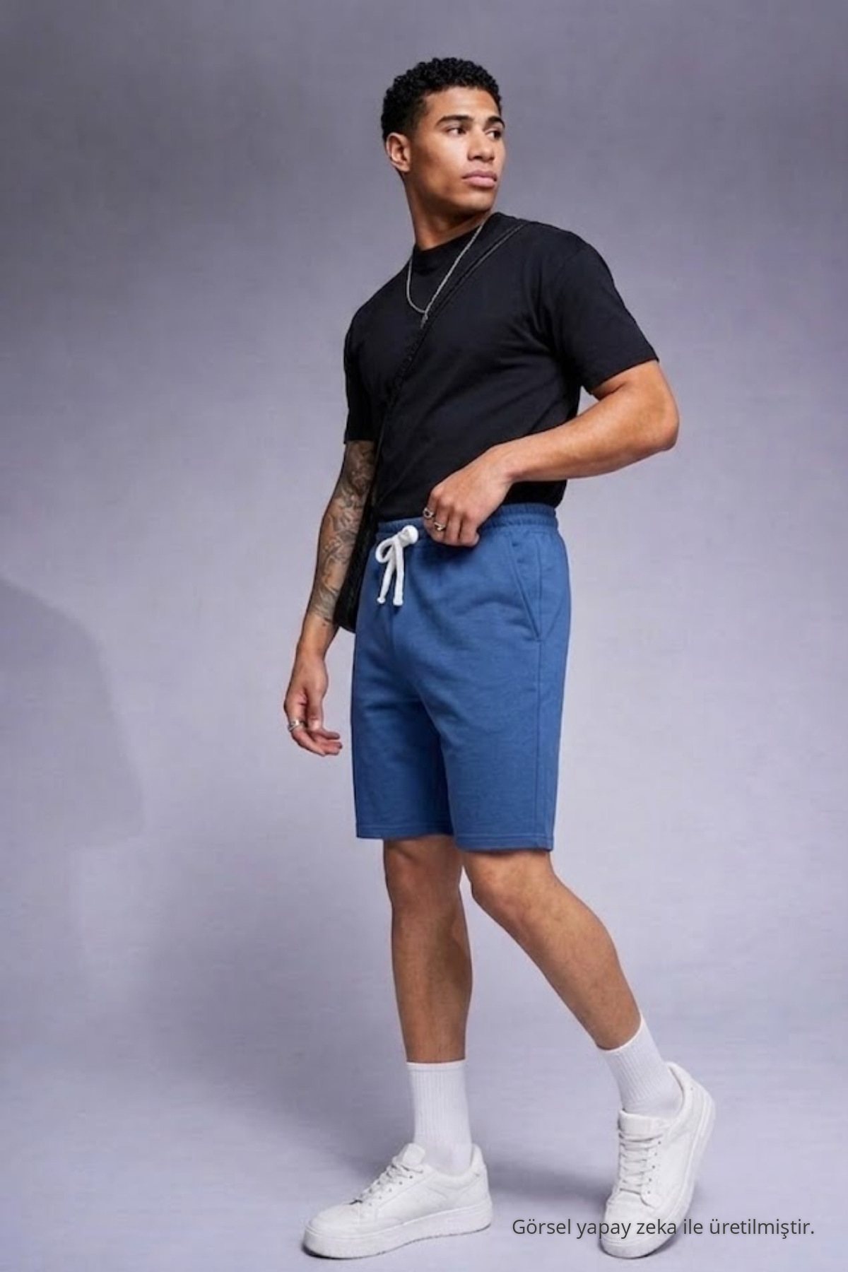 Erkek Comfort Fit Diz Üstü Mavi Şort 5