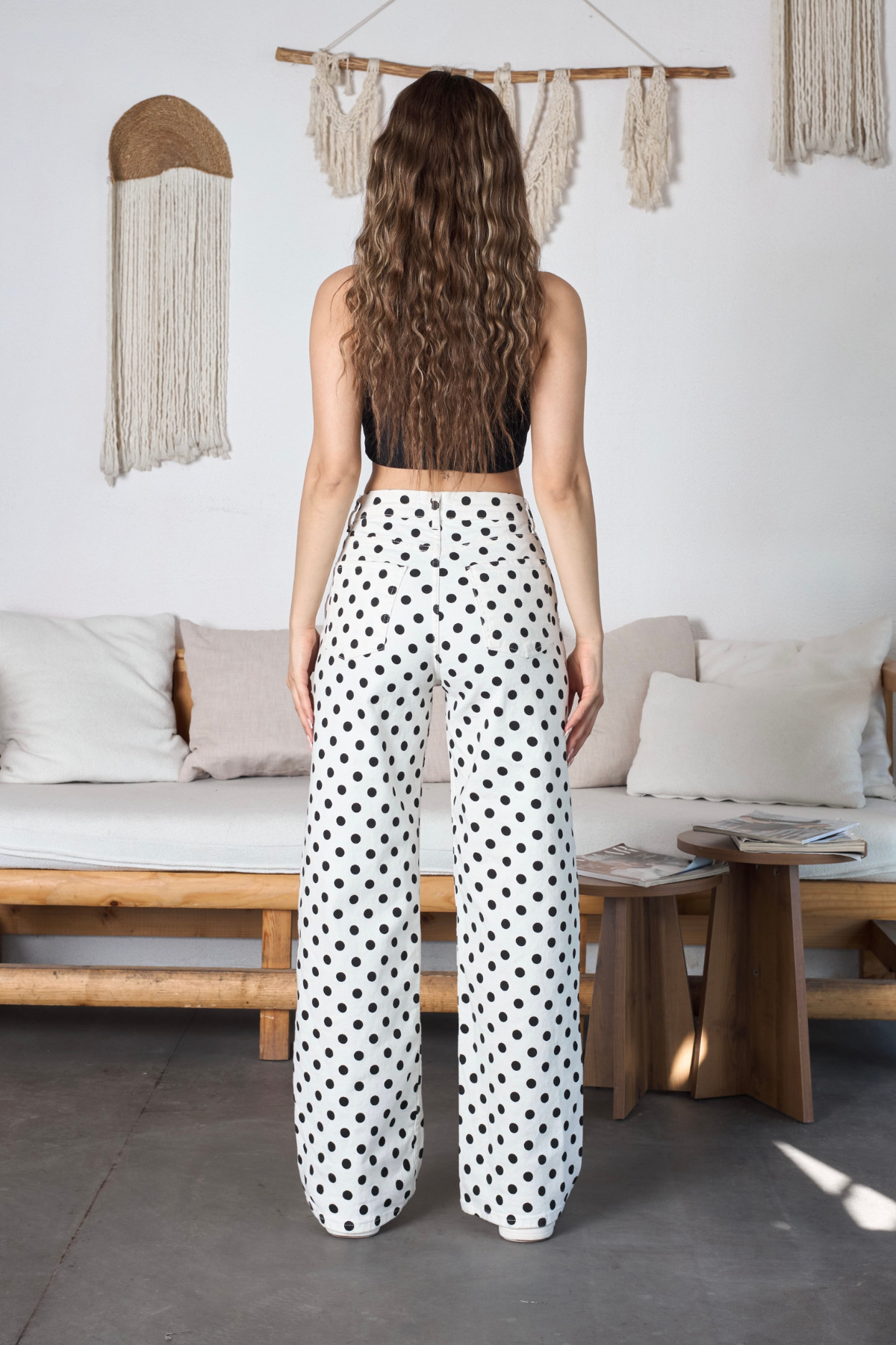 Puantiye Desenli Wide Leg Denim Pantolon Beyaz 3