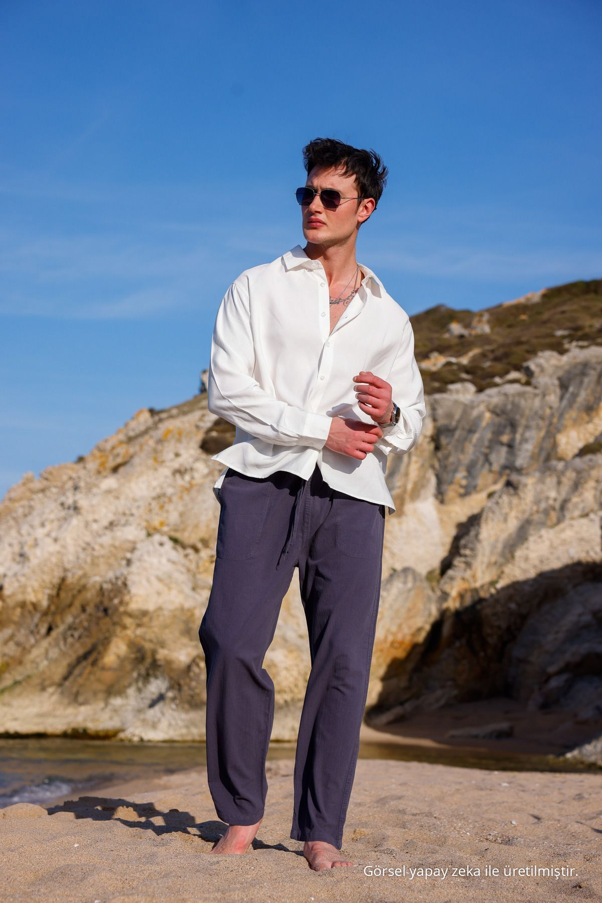 Relaxed Fıt Pamuklu Keten Pantolon FÜME 3
