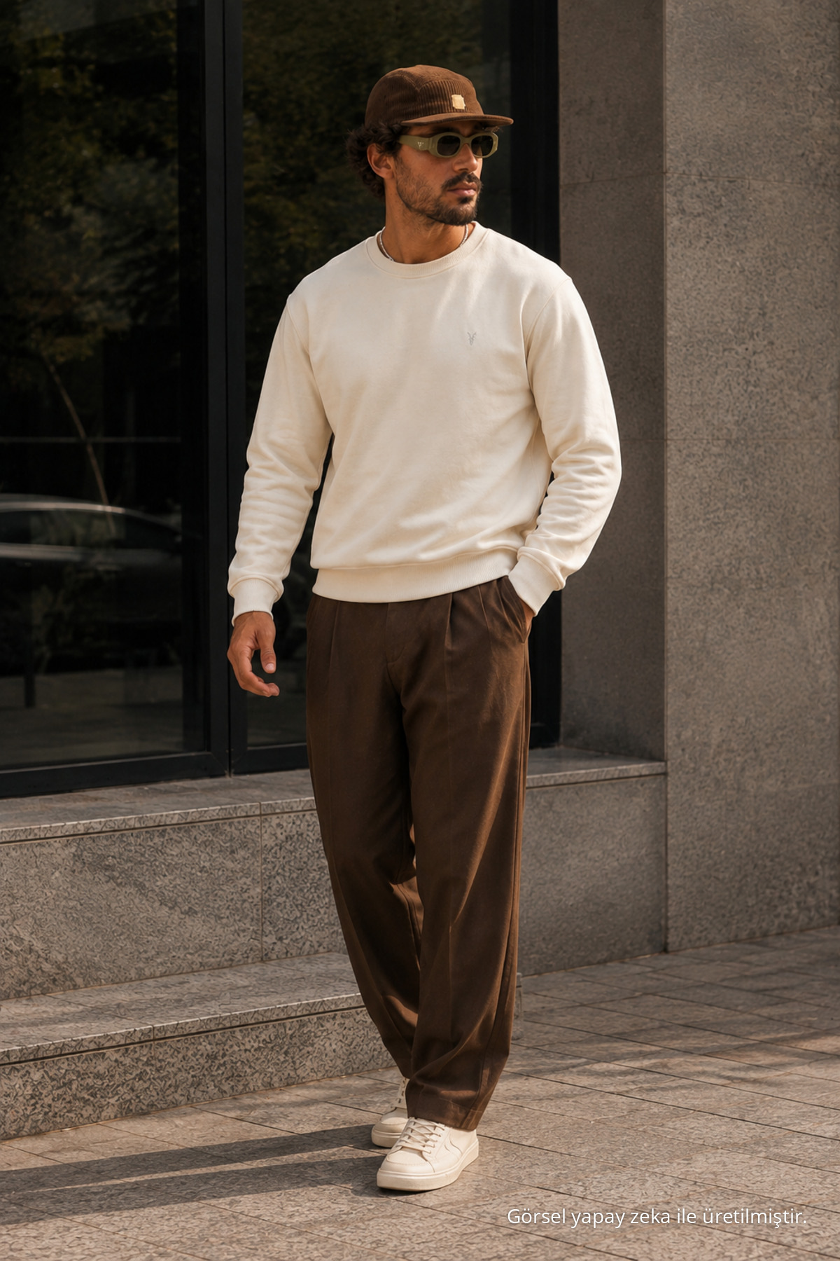 Ekru Bol Kesim Rahat Erkek Sweatshirt 5