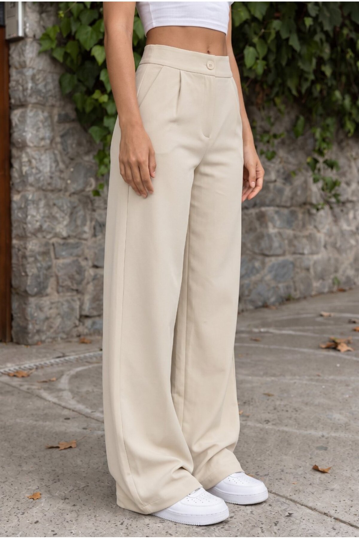 Yüksek Bel Wide Leg Bol Paça Düğmeli Kumaş Pantolon BEJ 4