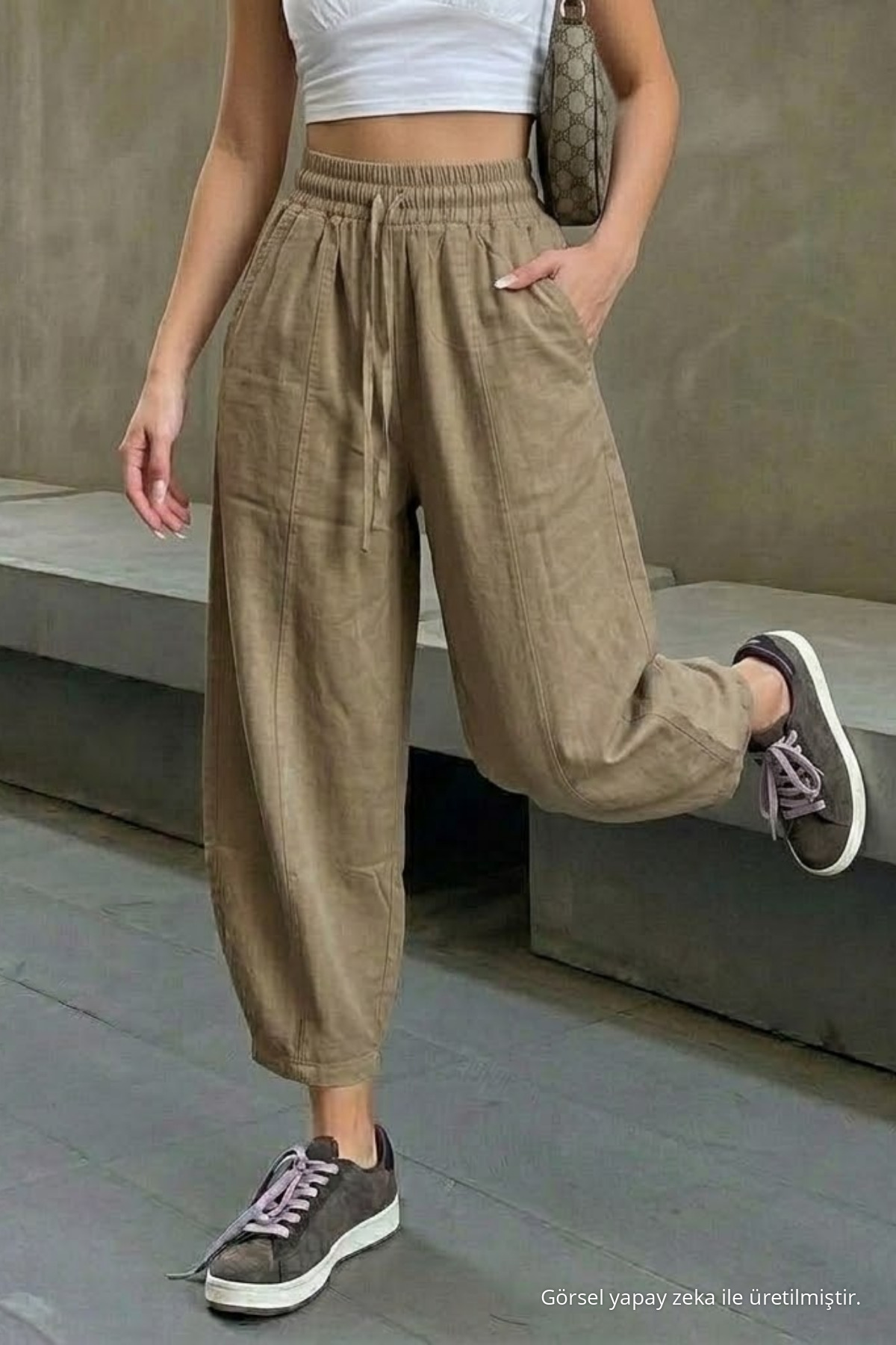 Kadın Beli Lastikli Vizon Şalvar Pantolon 3