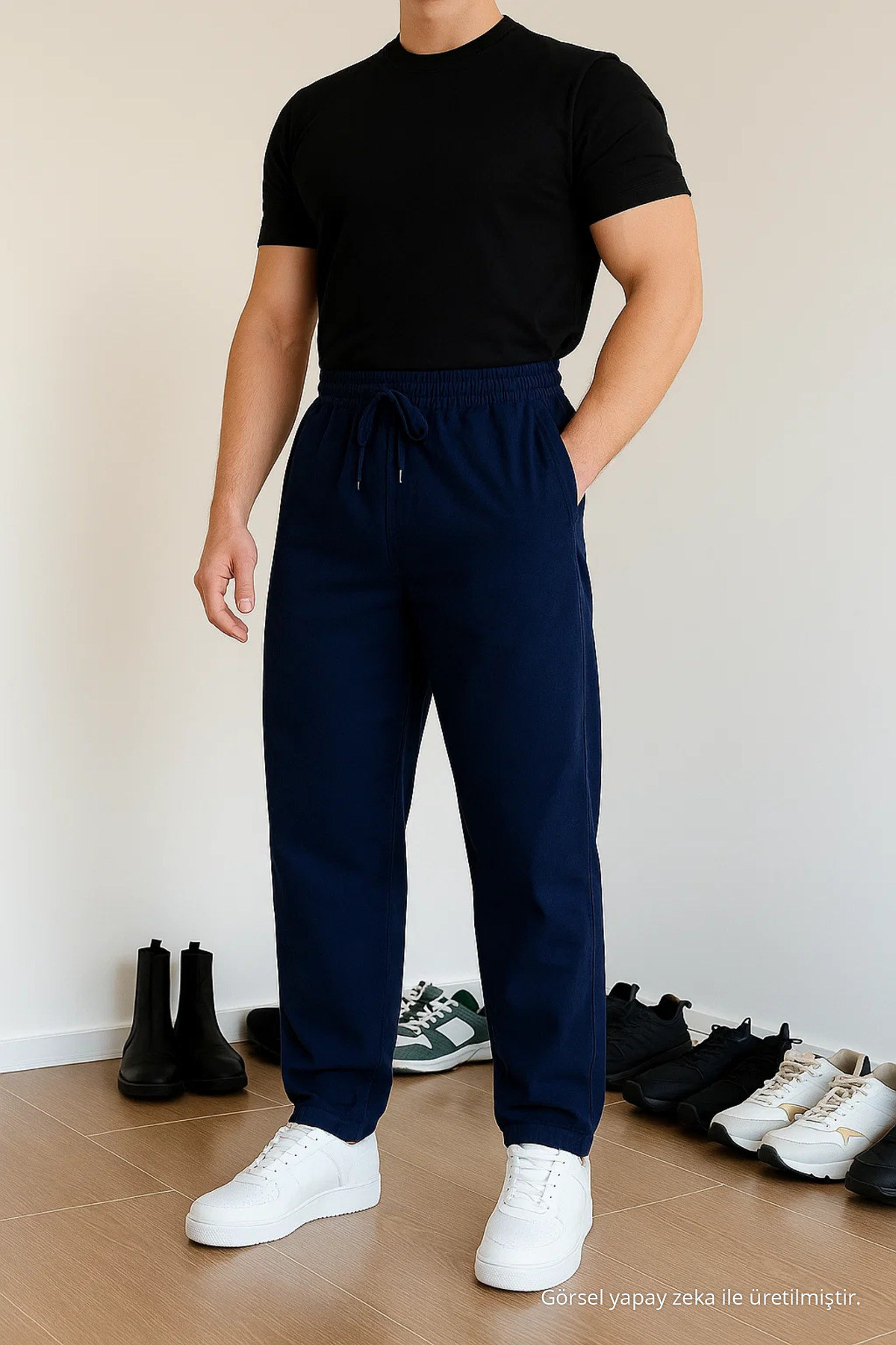 Erkek Beli Lastik Salaş Laci Keten Pantolon LACİVERT 4