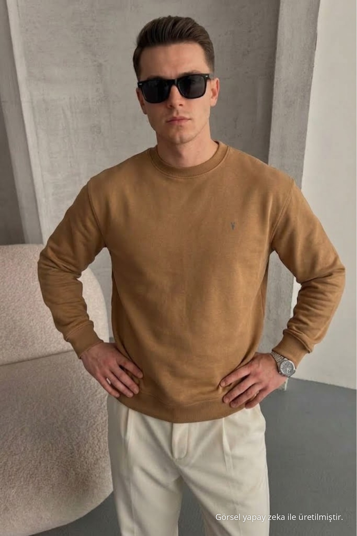 Erkek Loose Dokulu Flare Karamel Sweatshirt 4