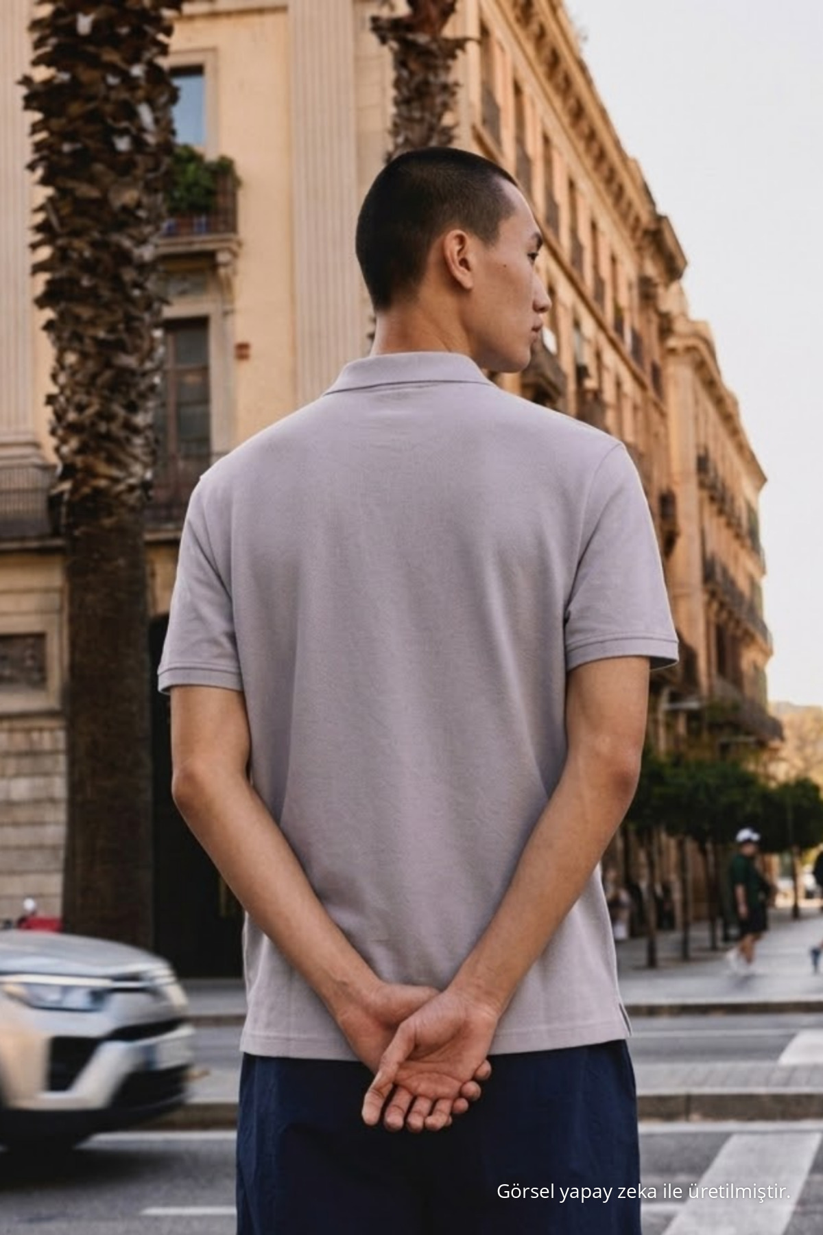 Erkek Basic Bol Gri Polo Yaka Tişört 6