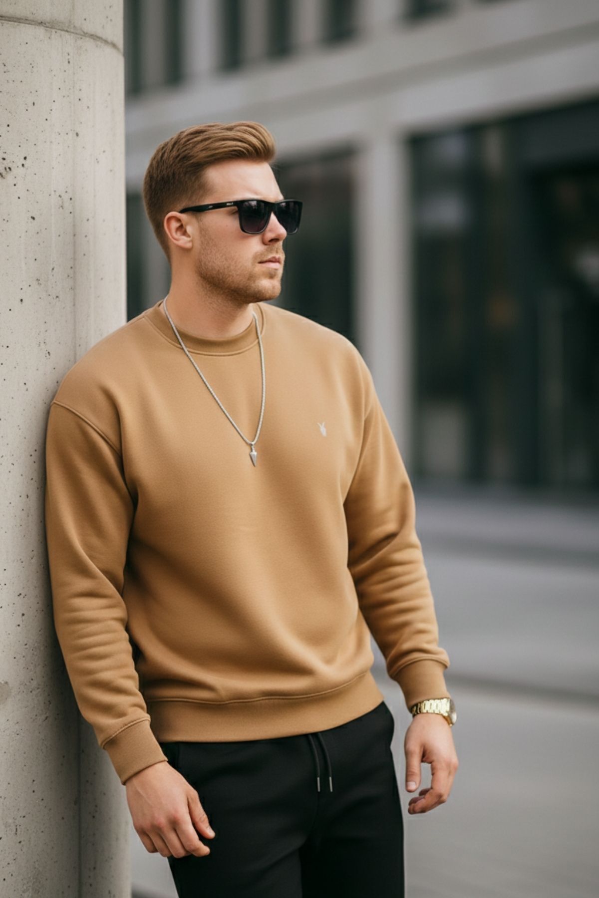 Karamel Renk Erkek Bisiklet Yaka Sweatshirt 6