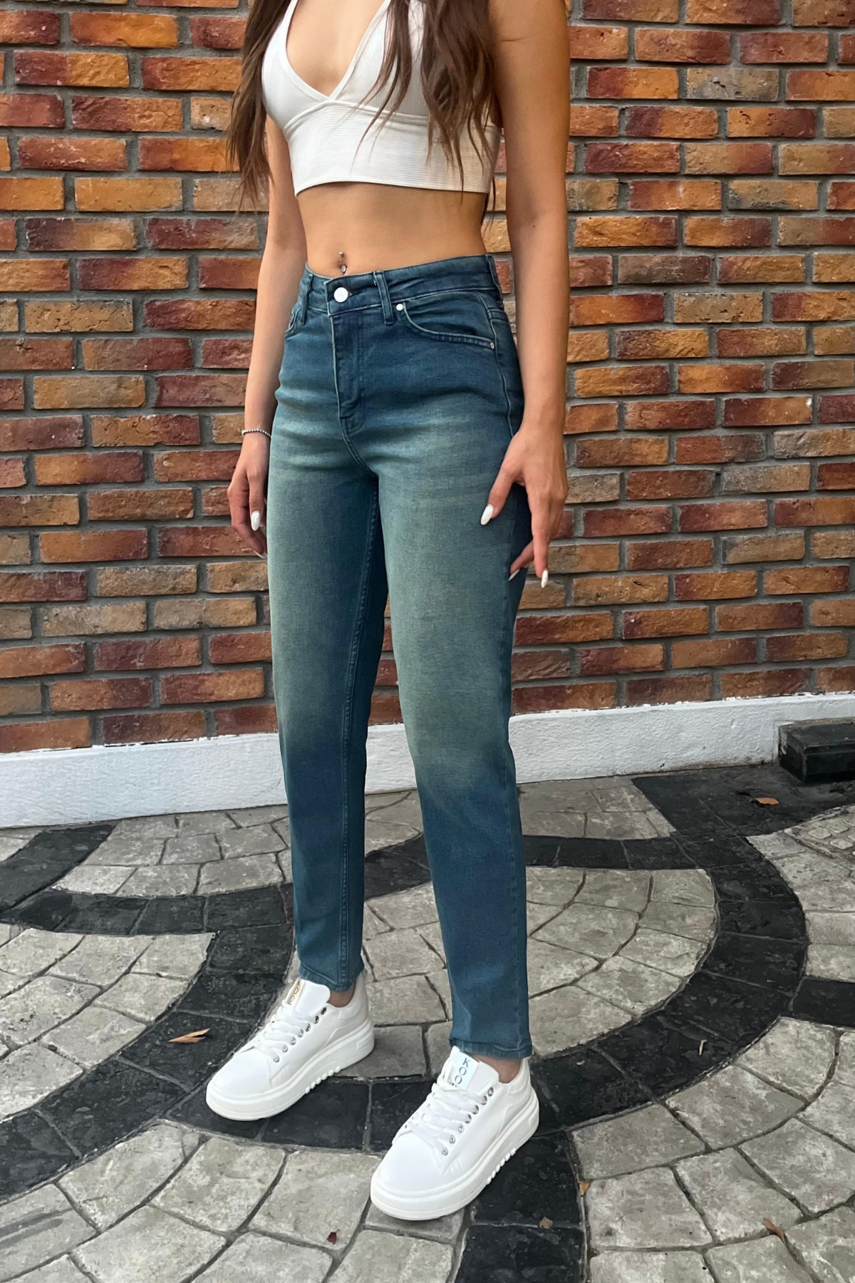 Kadın Yüksek Bel Boyfriend Likralı Kot Pantolon Koyu Mavi 6