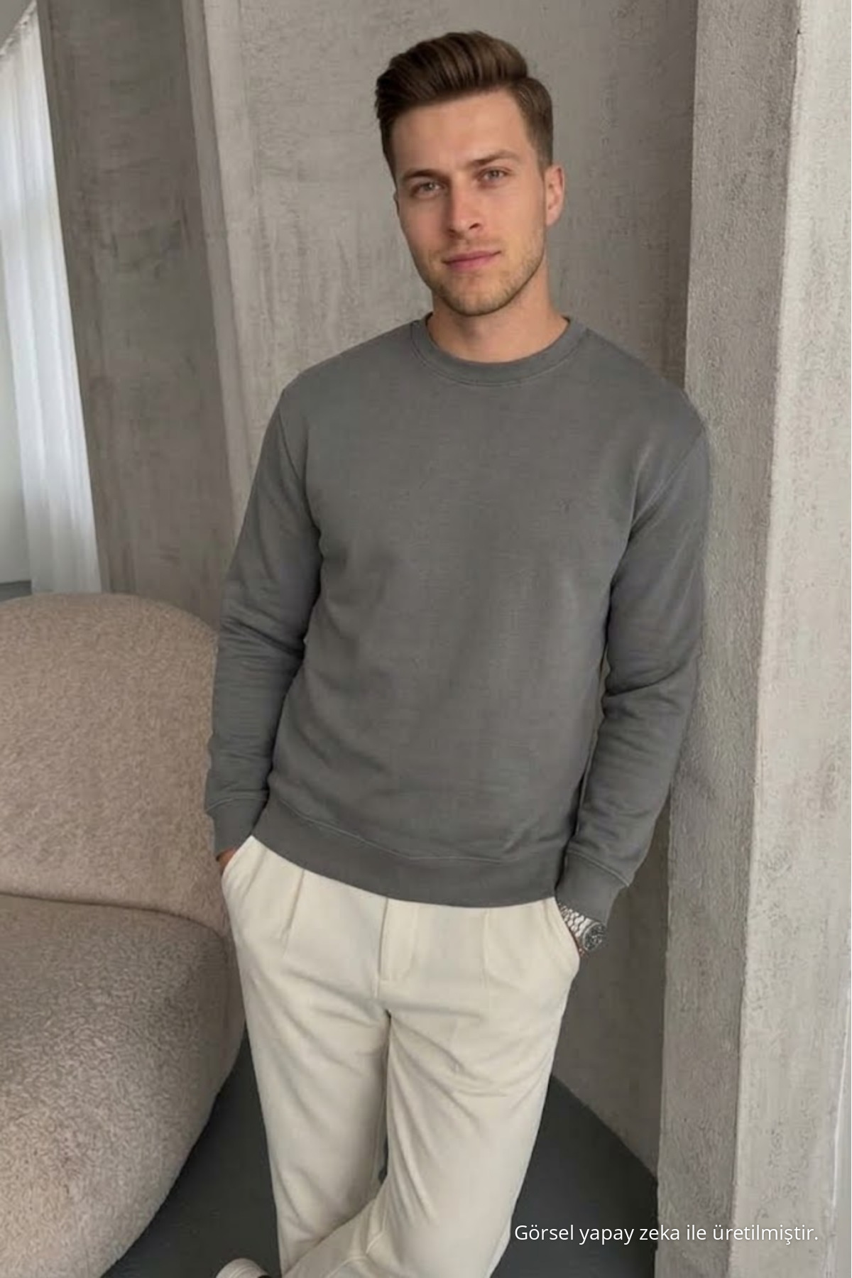 Erkek Loose Dokulu Flare Füme Sweatshirt 4