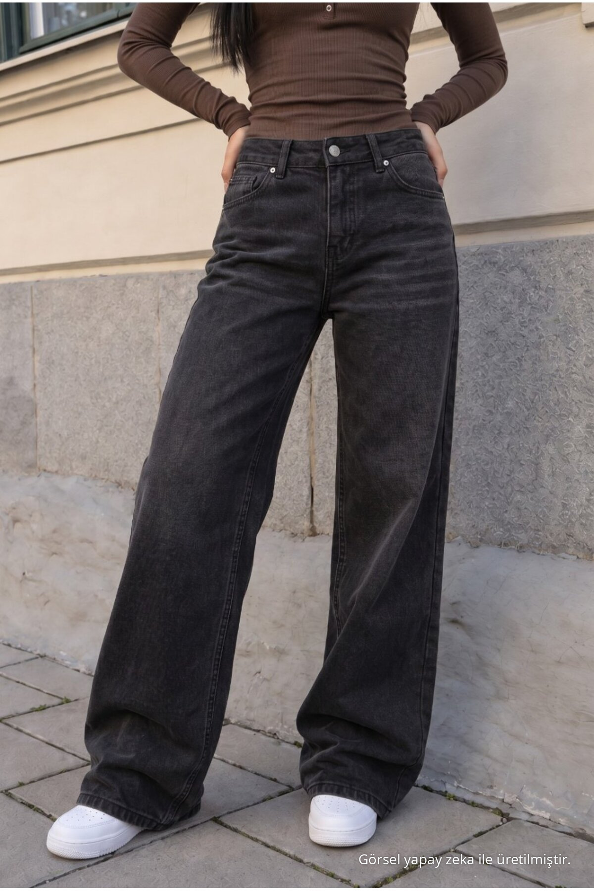 Kadın Bol Paça Jean Pantolon High Waist SİYAH EFEKTLİ 4