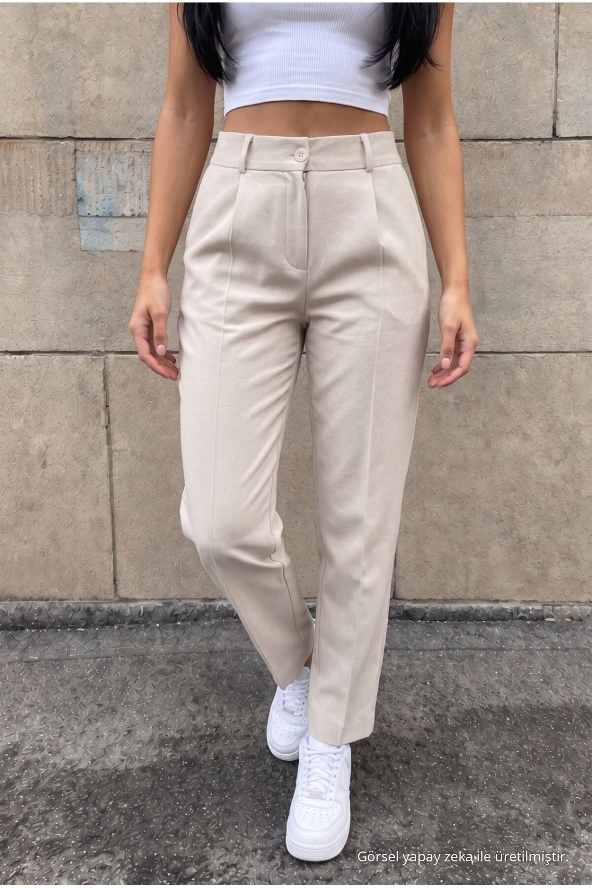 Yüksek Bel Havuç Model Beli Lastikli Dar Paça Pantolon BEJ 6