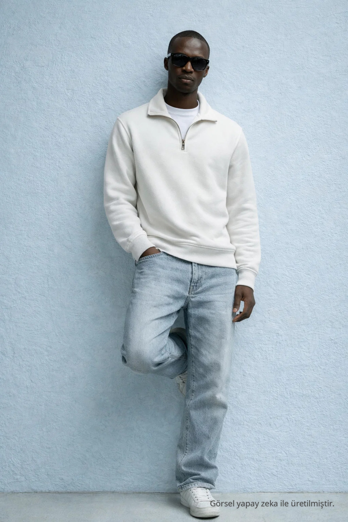 Erkek Kışlık Örme Yaka Beyaz Sweatshirt 3