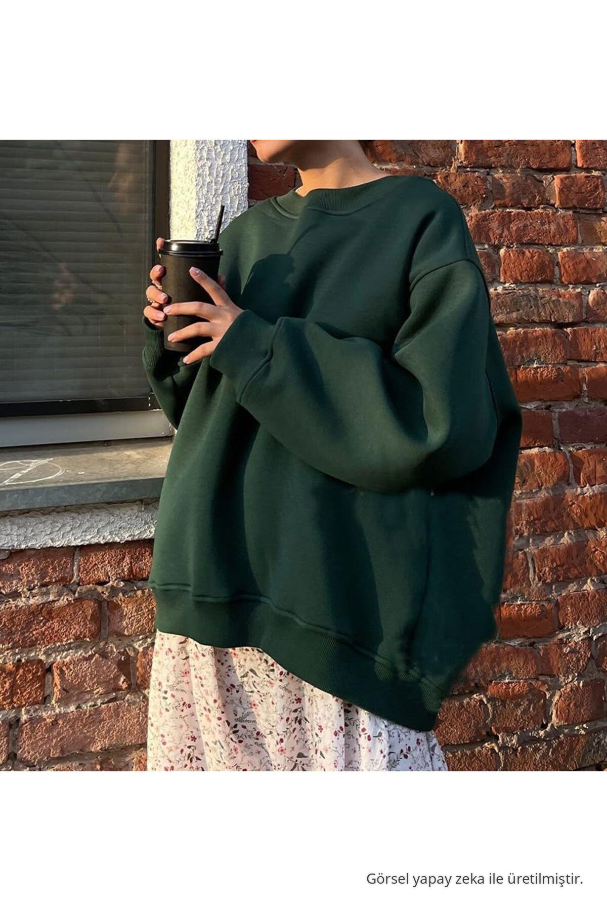 Kadın Bisiklet Yaka İçi Şardonlu, Kışlık Yumuşak Bol Sweatshirt KOYU YEŞİL 3