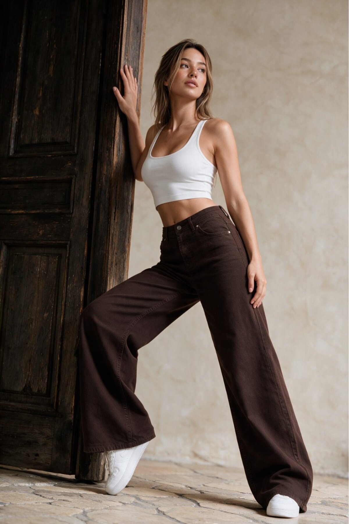 Kahverengi High Waist Wide Leg Bol Paça Jean 7