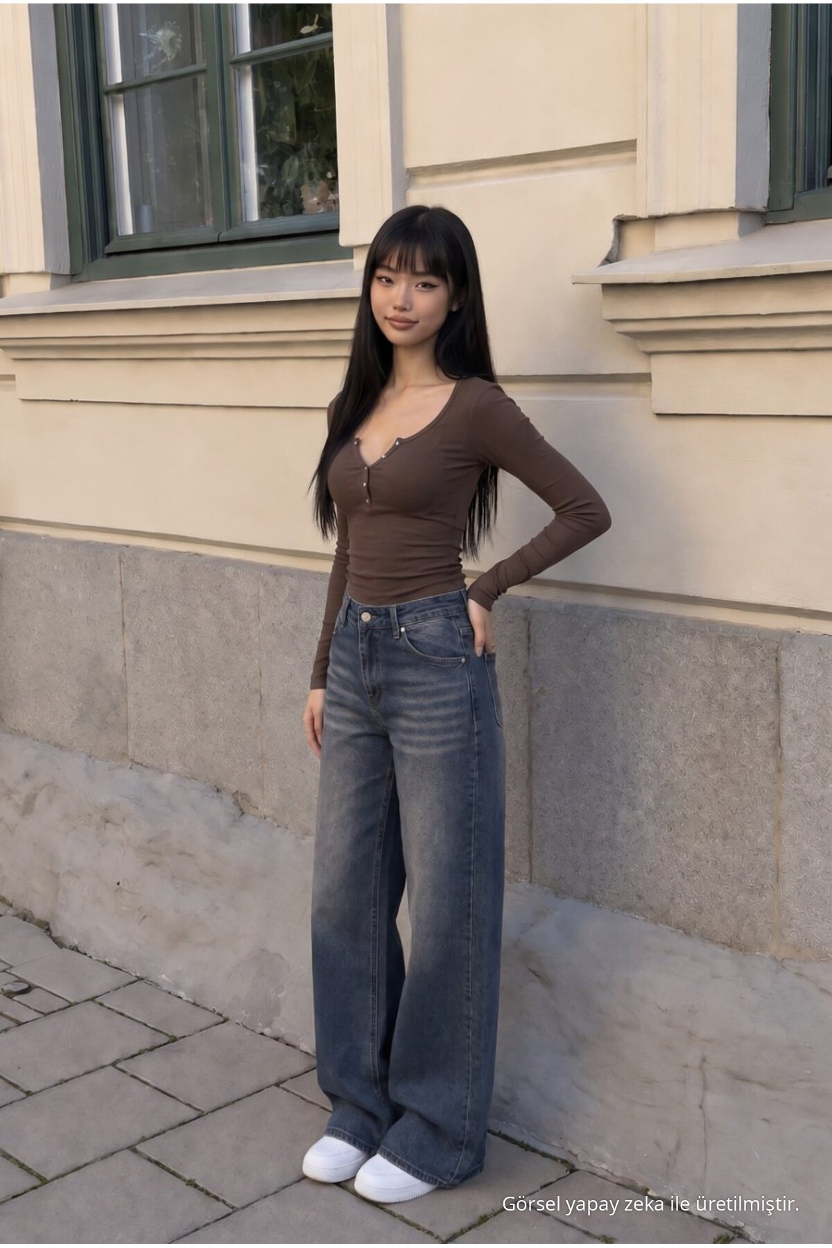 Kadın Bol Paça Jean Pantolon High Waist LACİVERT EFEKTLİ 5
