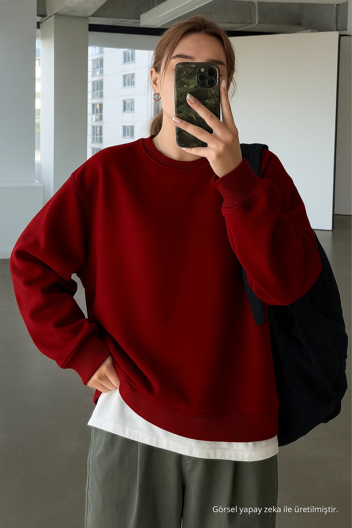 Kadın Bisiklet Yaka Oversize Bordo Sweat 4