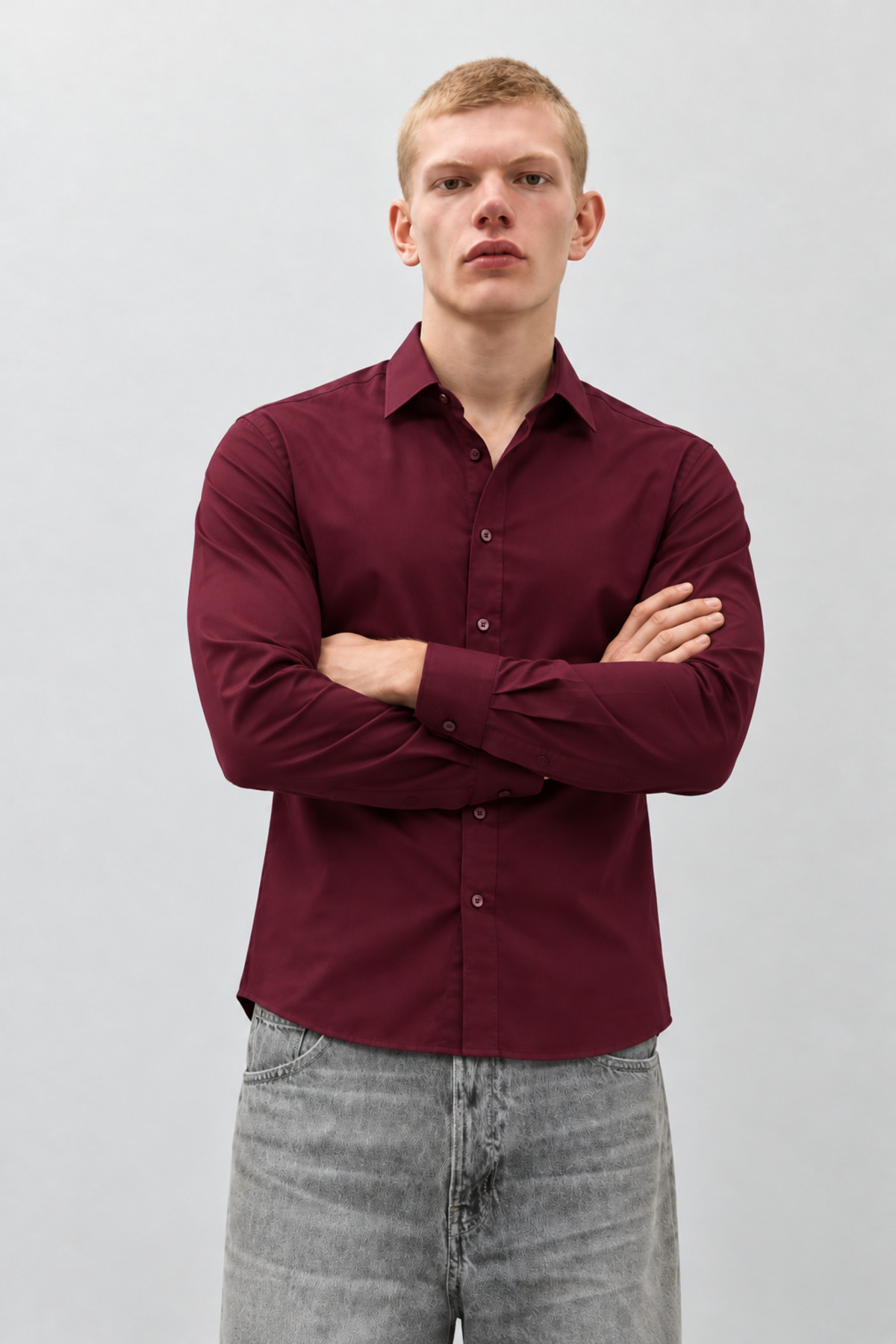 Erkek Klasik Yaka Casual Bordo Gömlek 5