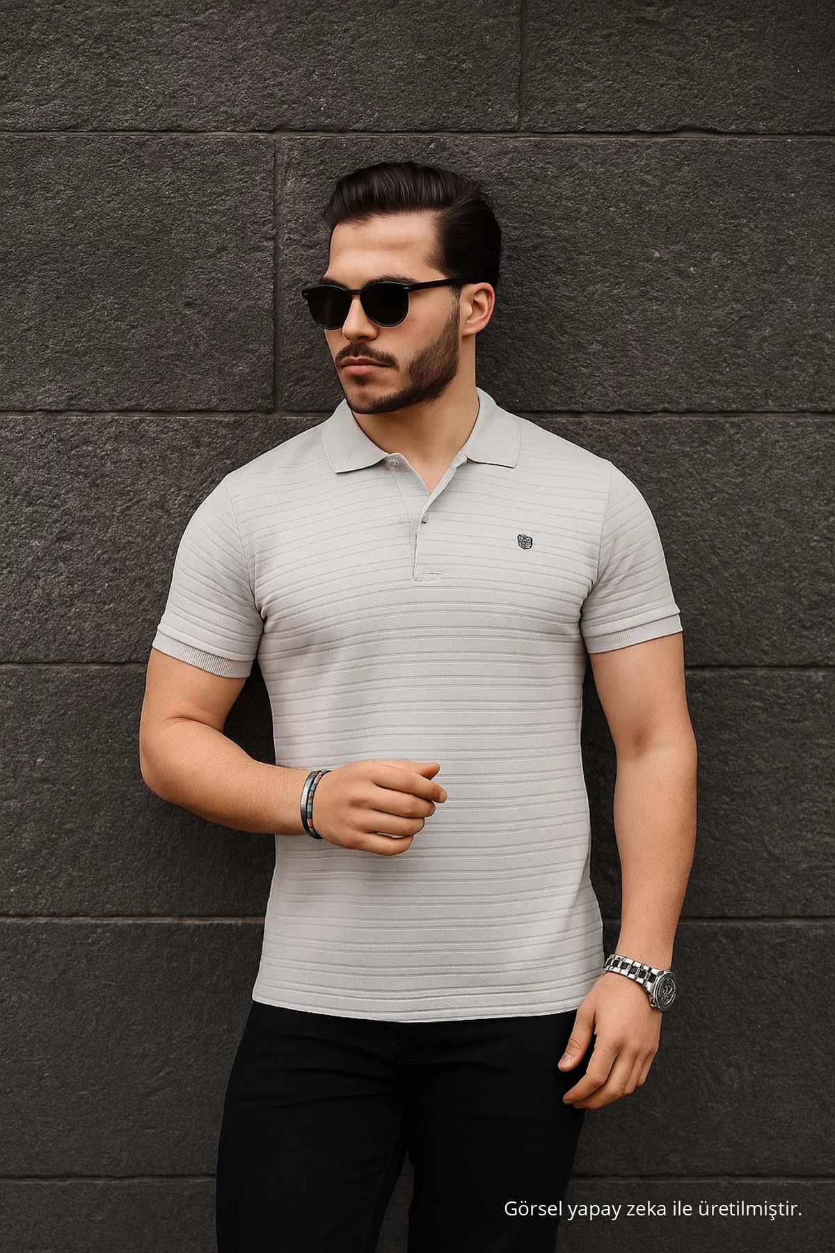 Erkek %100 Pamuklu Kumaş Slim Fit Kesim GRİ Polo Yaka T-shirt 5