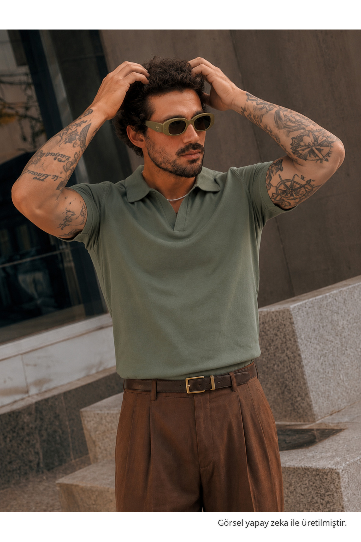 Erkek Polo Yaka %100 Pamuklu Basic HAKİ Tişört 4