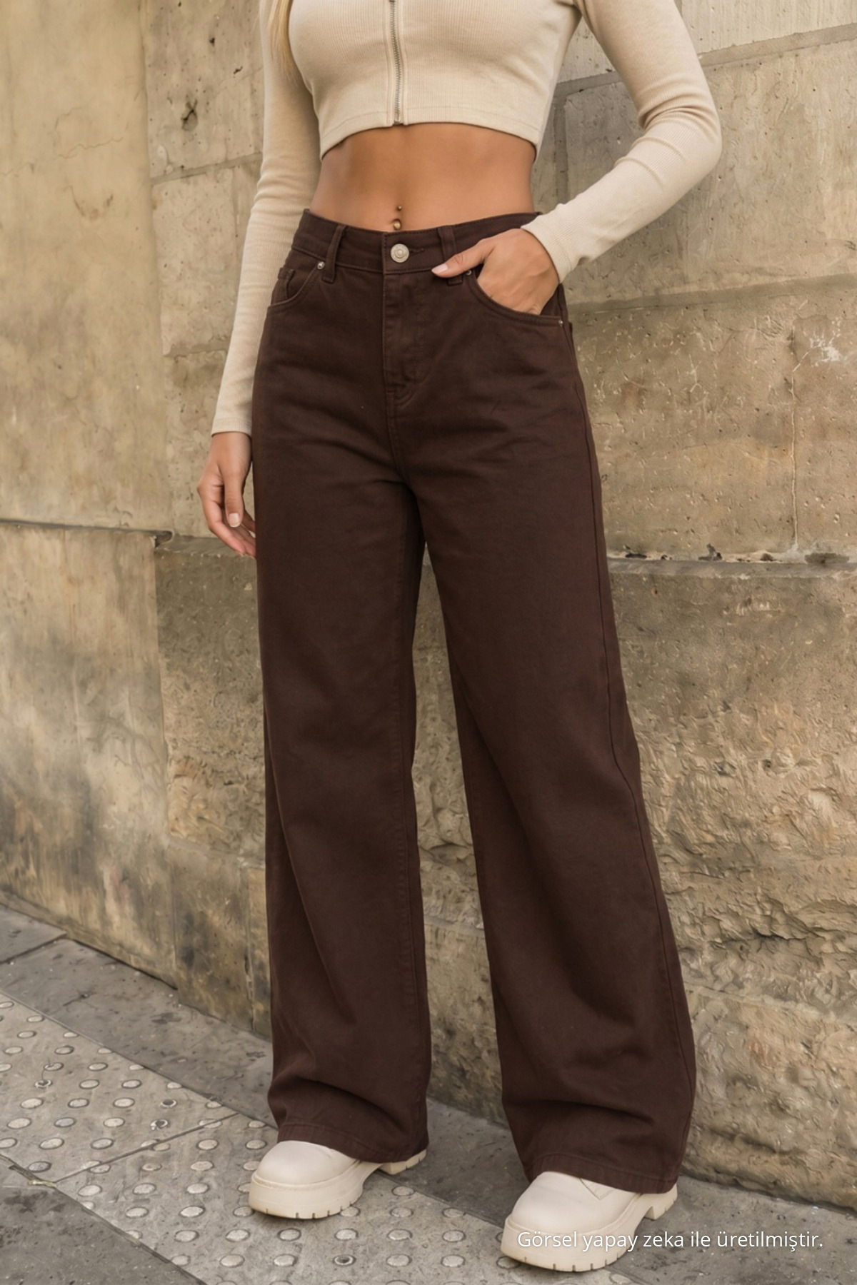 Kahverengi Yüksek Bel Wide Leg Bol Paça Palazzo Kot Pantolon 3