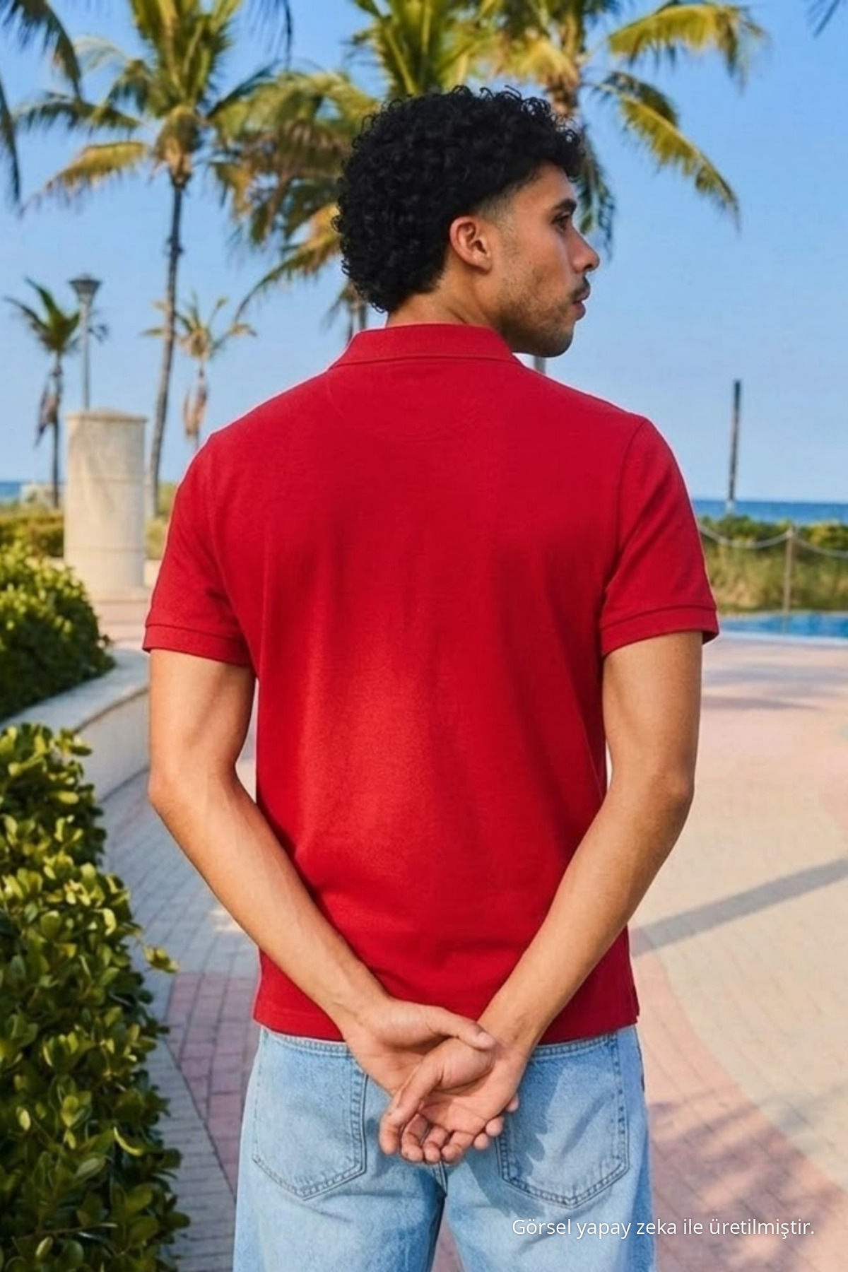 Erkek Kısa Kol Kırmızı Bol Polo Yaka Tişört 6