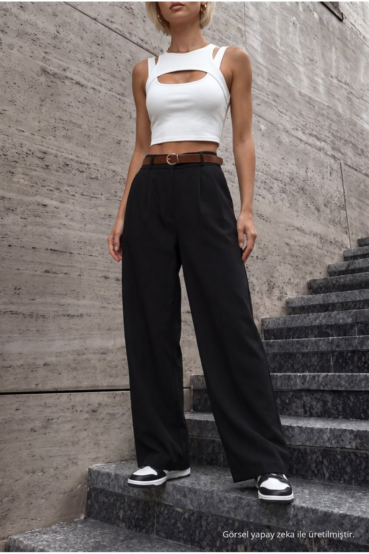 Kadın Kemerli Oversize Salaş Beli Lastikli Palazzo Pantolon SİYAH 3