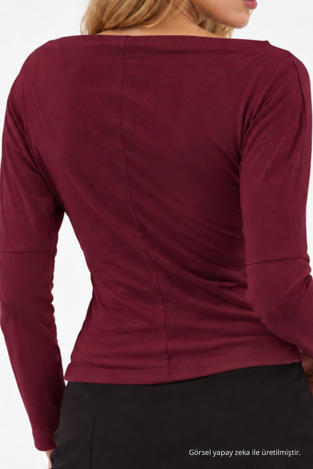 Kadın Bordo Fitted Düz Kayık Yaka Bluz 6