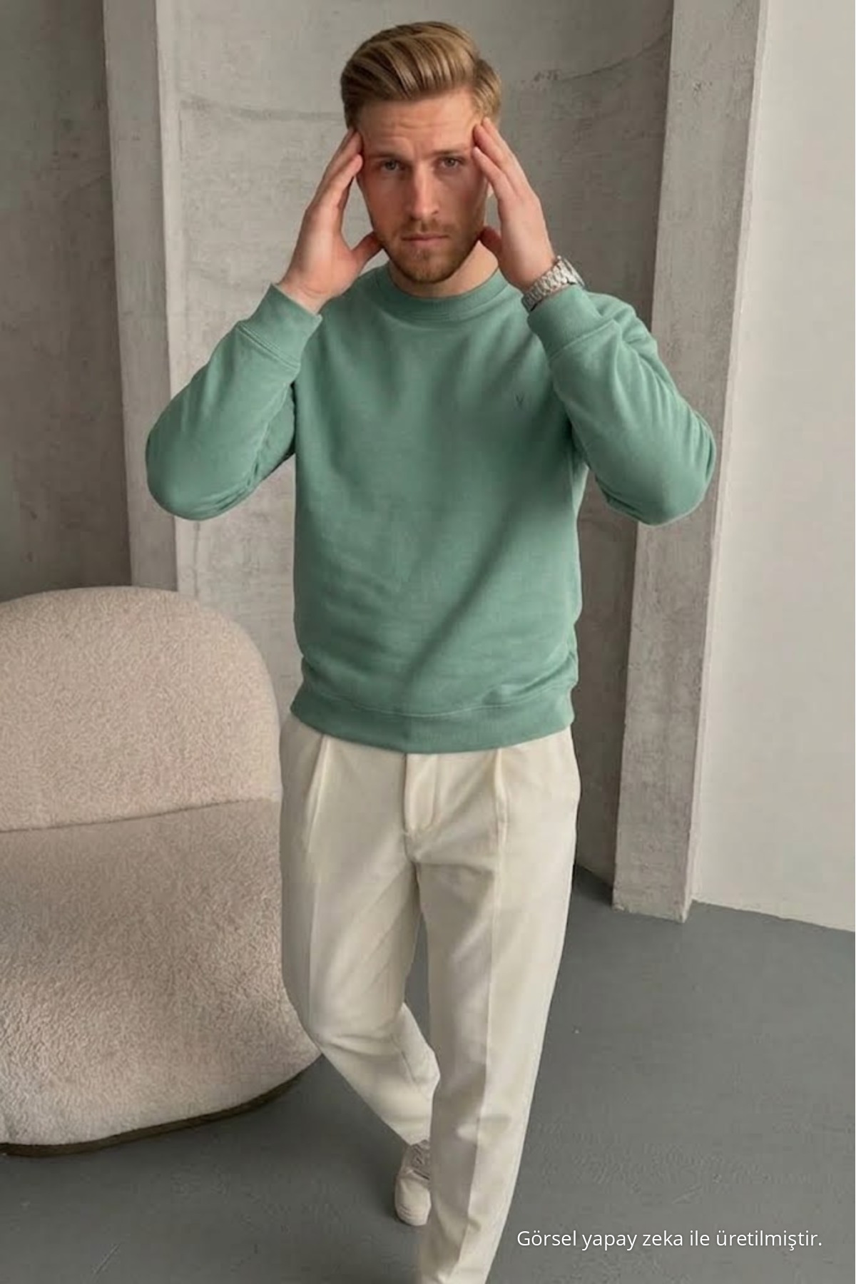Erkek Loose Dokulu Flare Çağla Sweatshirt 5