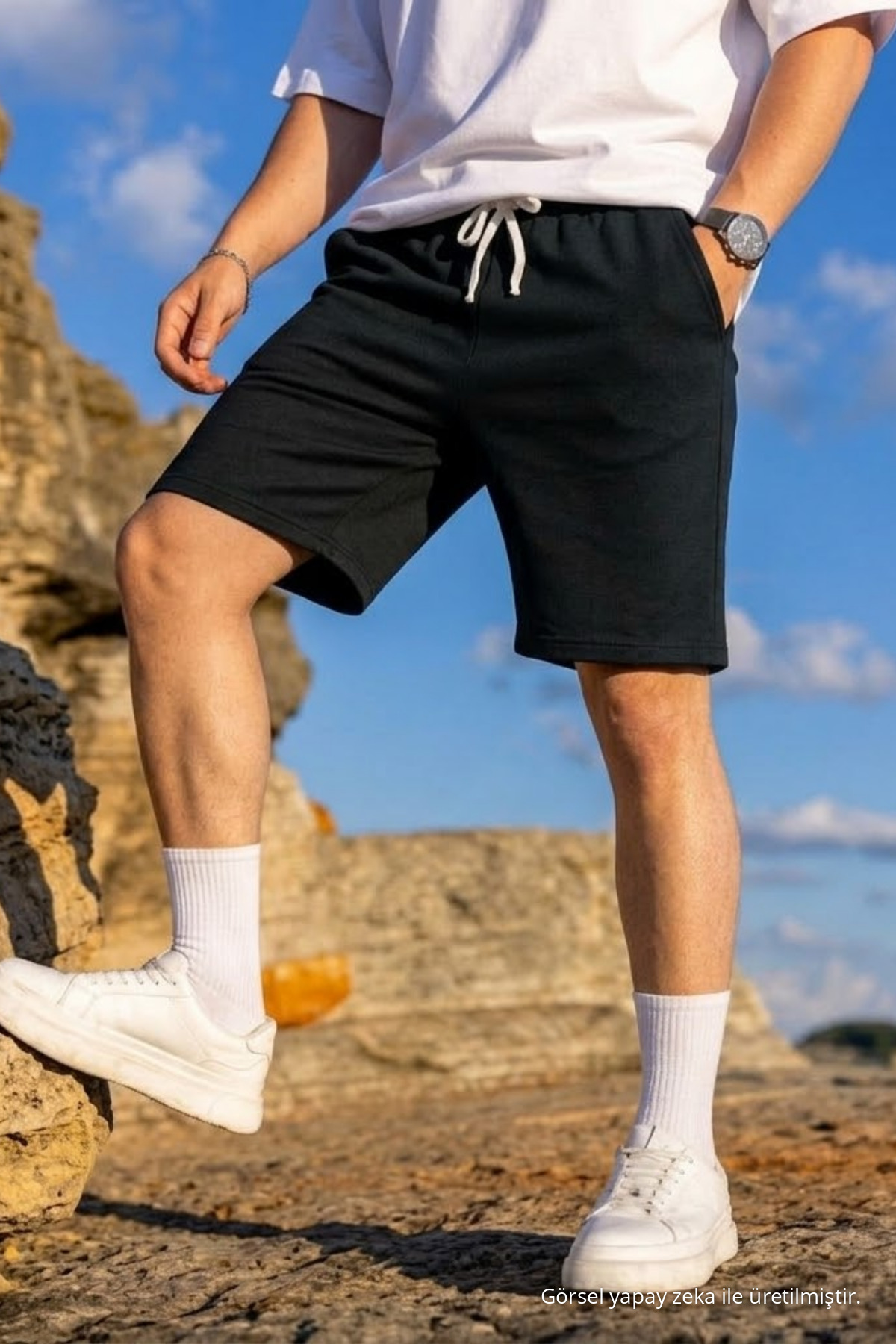 Erkek Pamuklu Casual Cepli Bol Siyah Şort 3