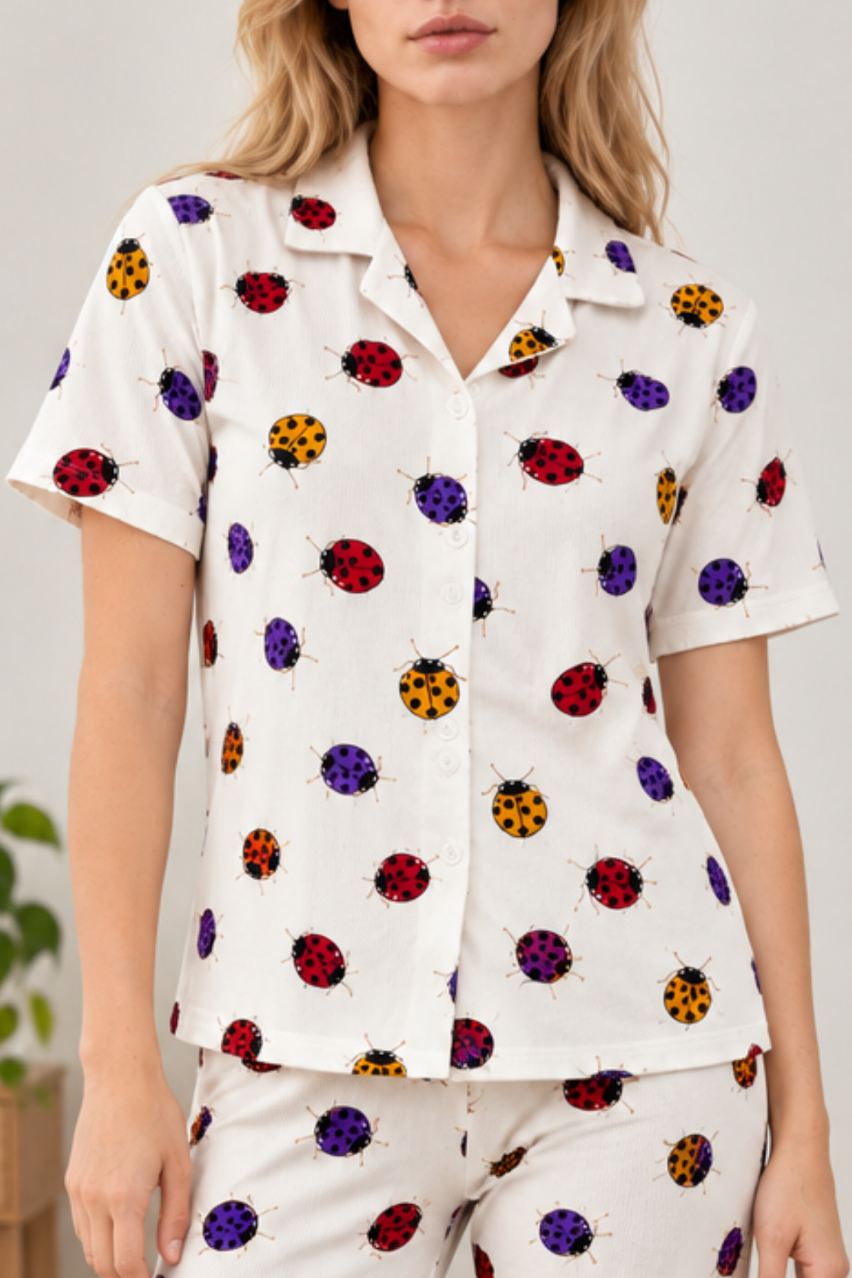 Kadın Desenli Beyaz Kısa Kollu Pijama Takımı 4828 5