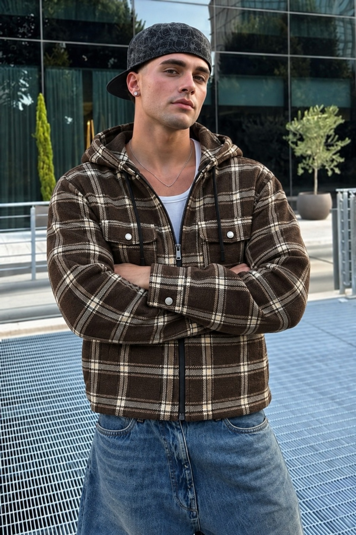 Erkek Ekose Kapüşonlu Casual Fermuarlı Camel Kahve Ceket 5