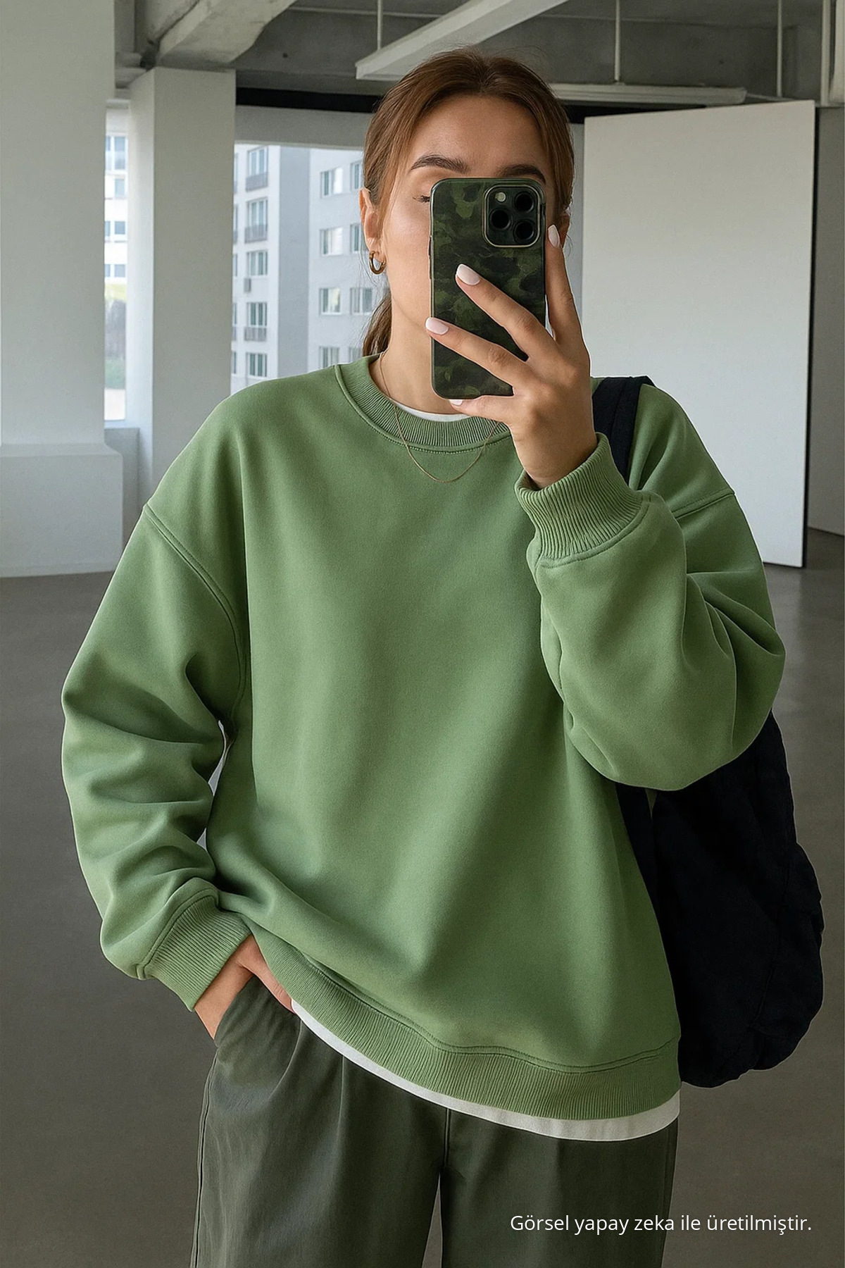 Kadın Bisiklet Yaka Oversize HAKİ Sweatshirt 4
