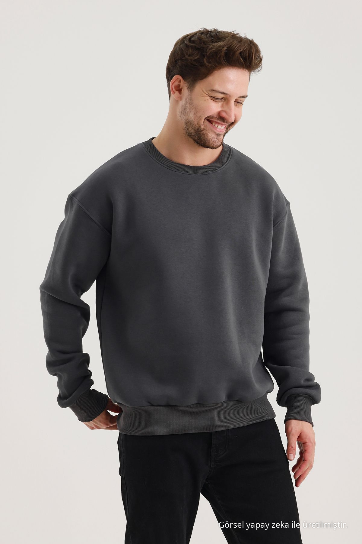 Füme Pamuklu Bisiklet Yaka Oversize Şardonlu Basic Erkek Sweatshirt 5