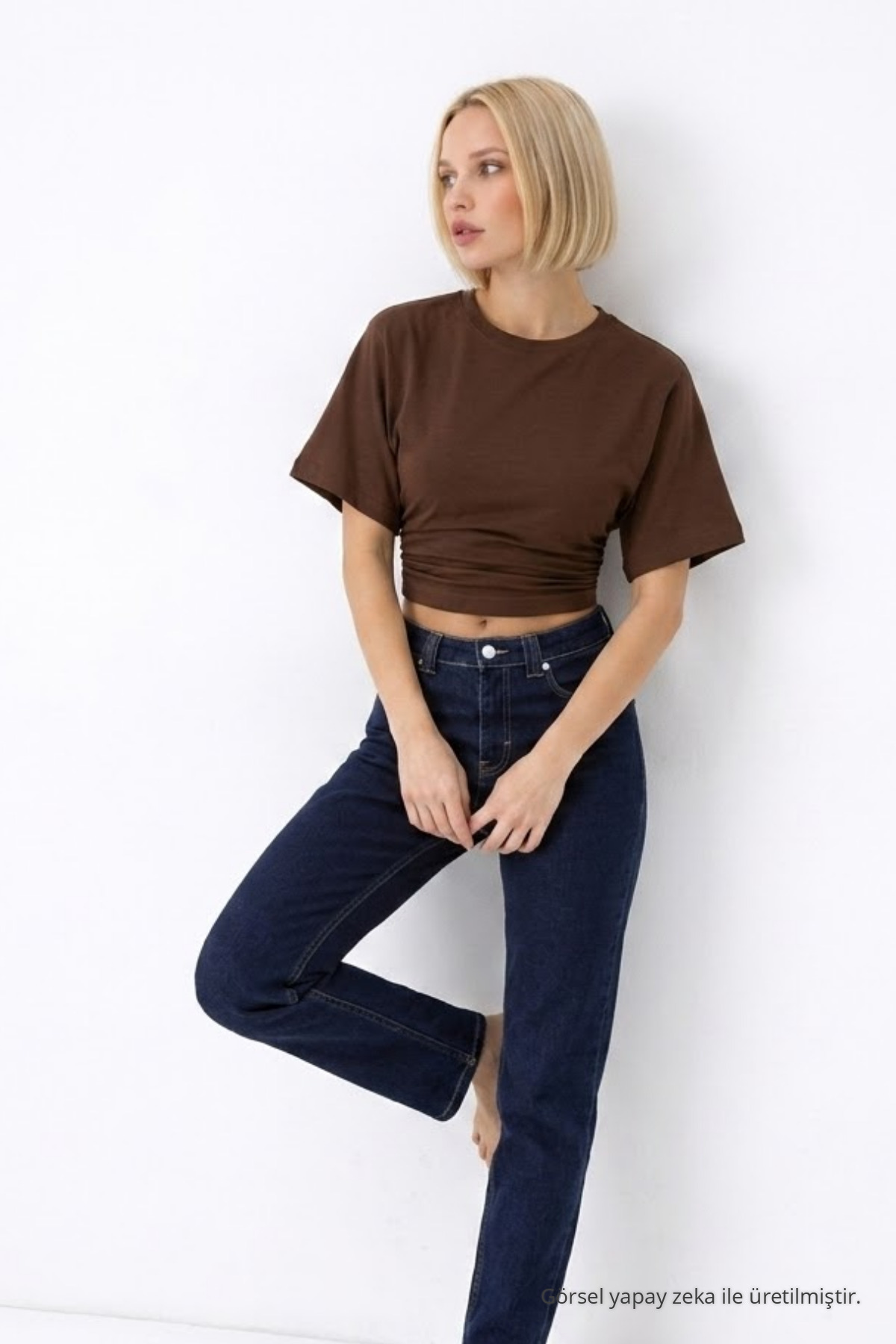 Kadın Fashion Slim Fit Kahve Crop Tişört 4