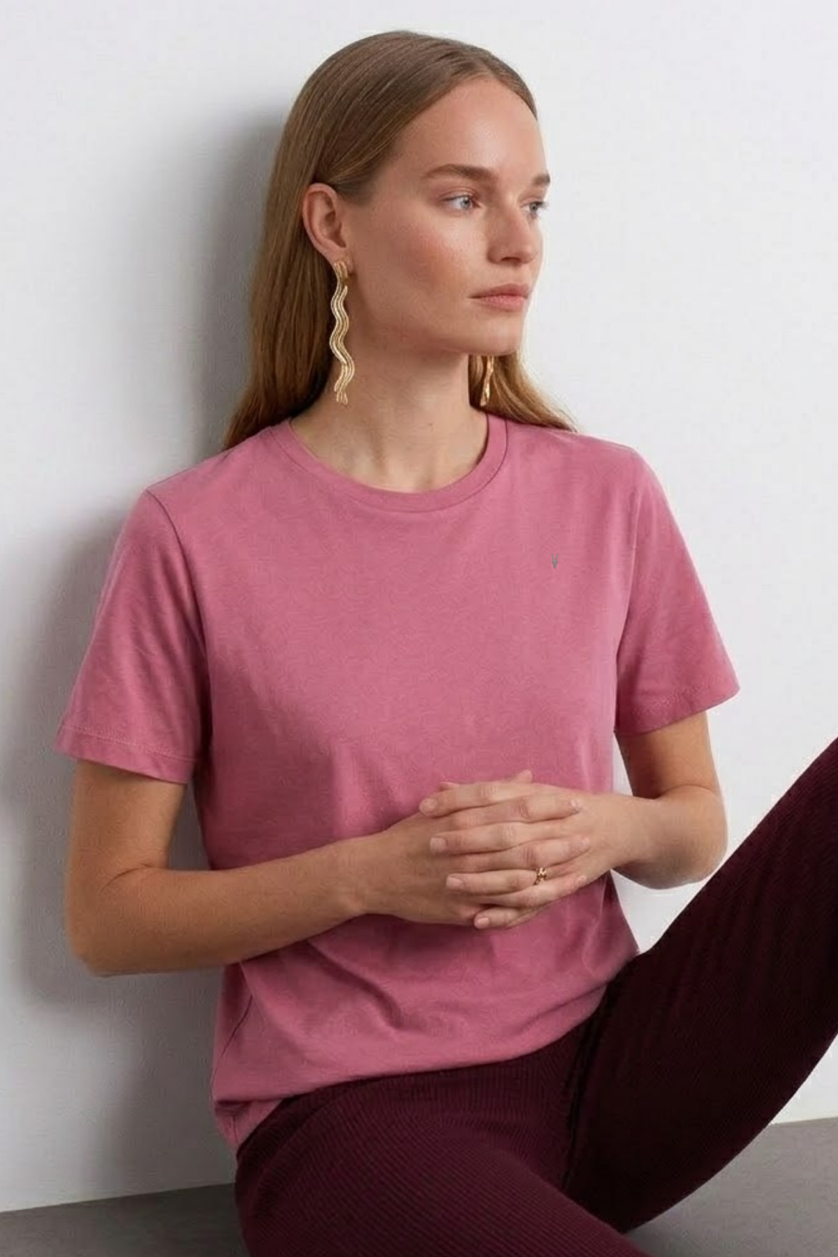 Kadın Comfort Fit Basic Pudra Bol Tişört 5