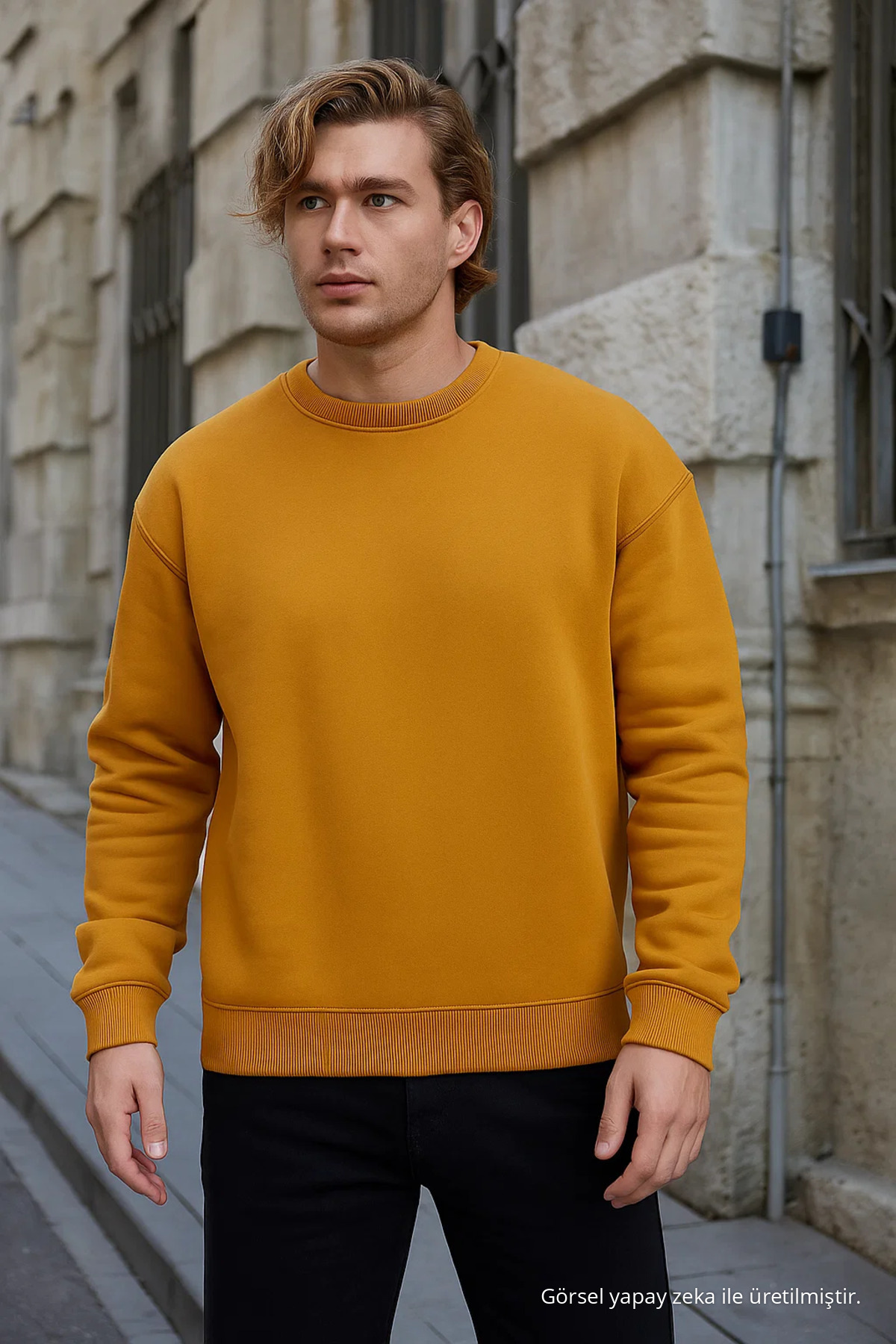 Erkek Bisiklet Yaka Salaş Hardal Sweatshirt 3