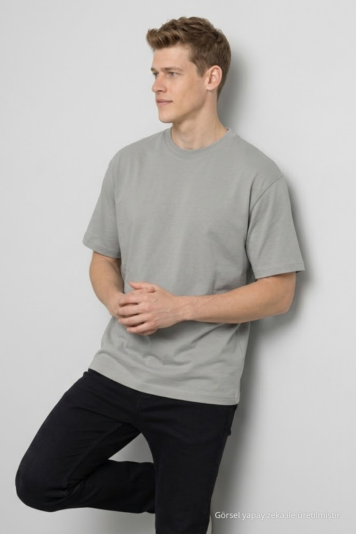 Erkek Pamuklu GRİ Oversize Tişört 4